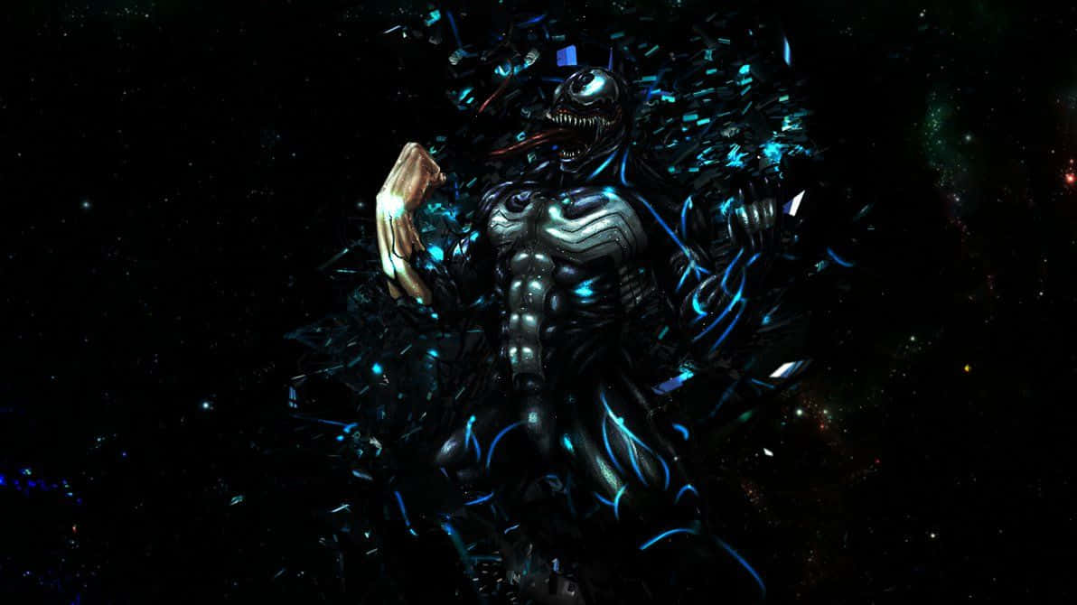 Scary Venom 桌布 壁紙 — 一個威脅性的毒魔身影從宇宙碎片中浮現，背景是繁星點點的黑色虛空，帶有發光的藍色點綴。