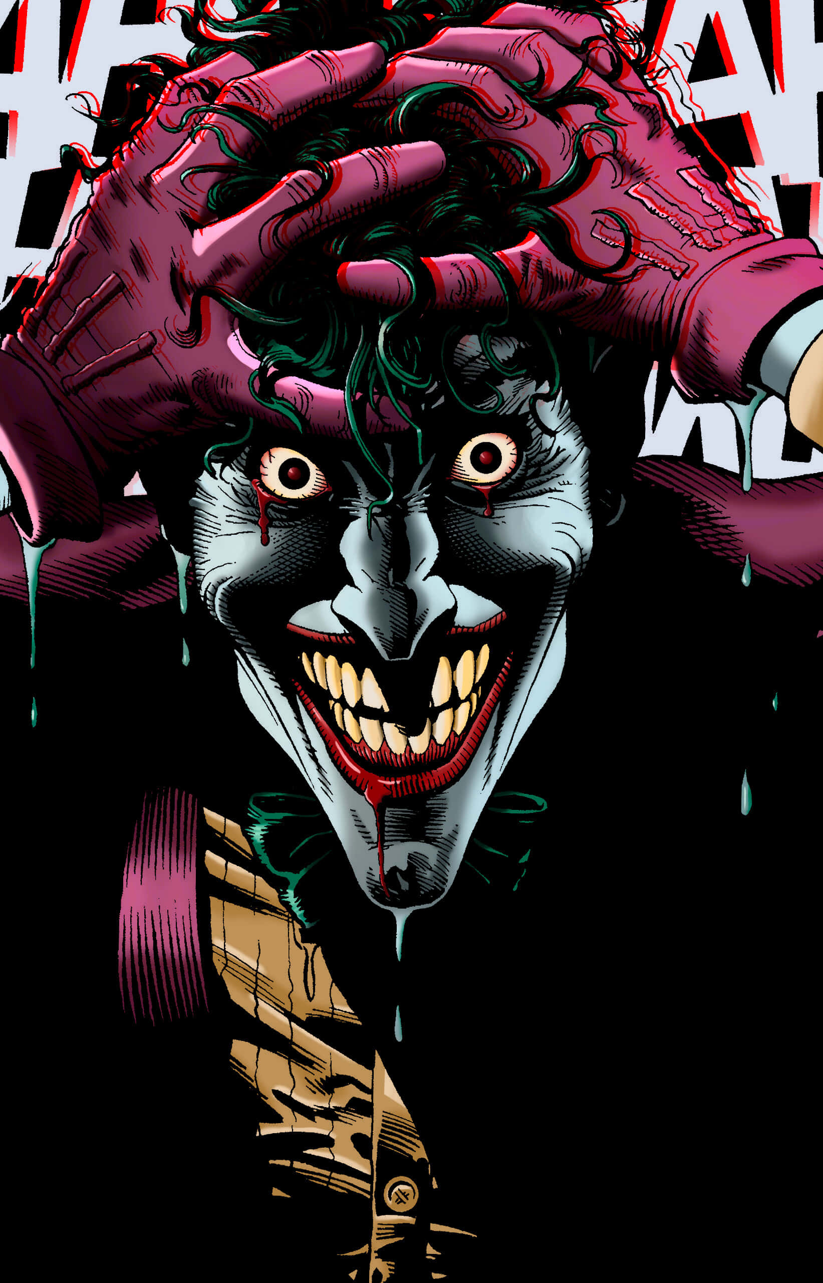Batman The Killing Joke 桌布 壁紙 — 一個威脅性的漫畫小丑，綠色的頭髮和從笑容中滴落的血，在混亂的紅黑背景中抓著頭。