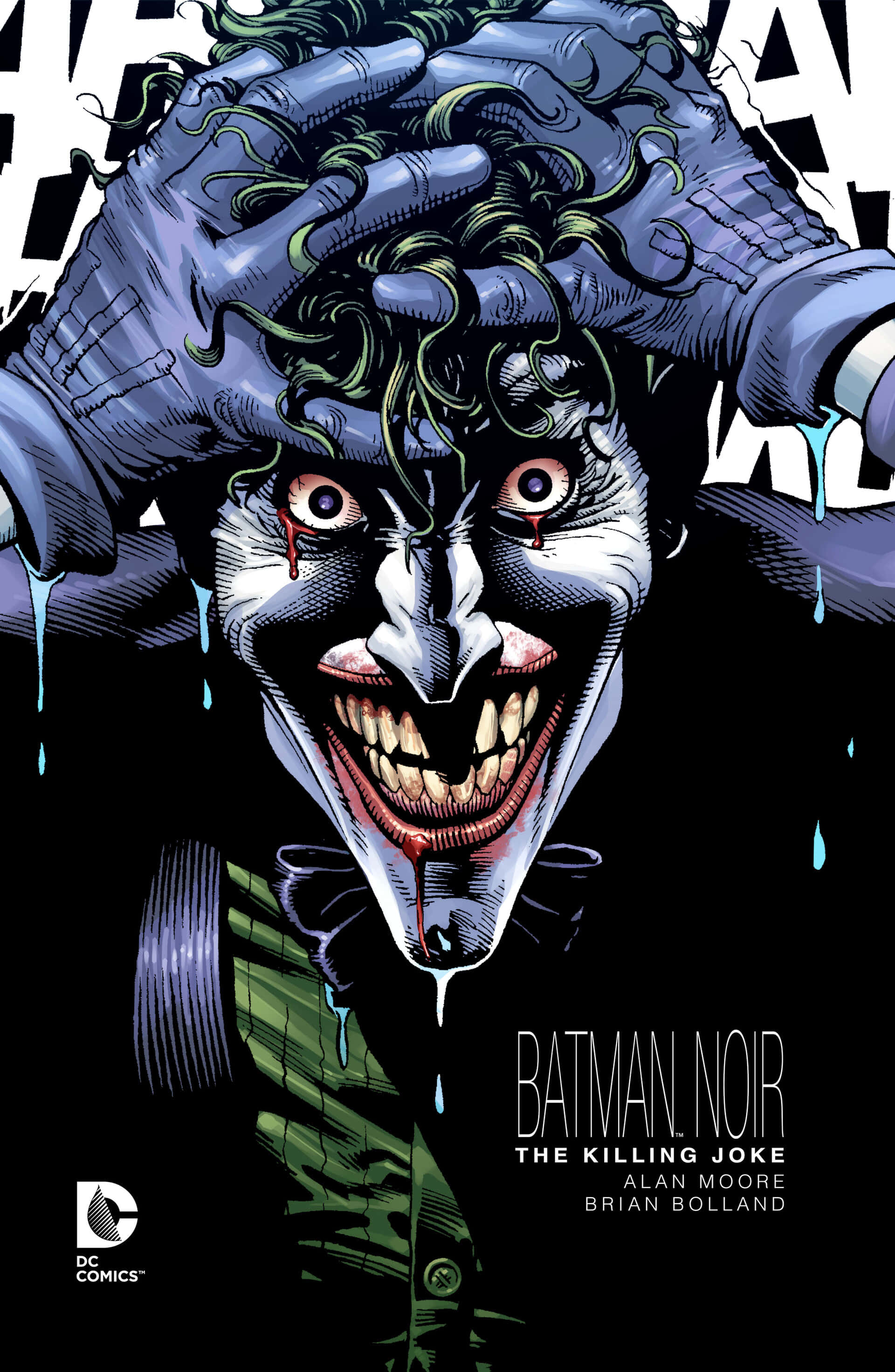 The Killing Joke 桌布 壁紙 — 一個威脅性的漫畫書封面，小丑雙手抓著頭部，藍色液體從他的臉上滴落，背景為黑色。