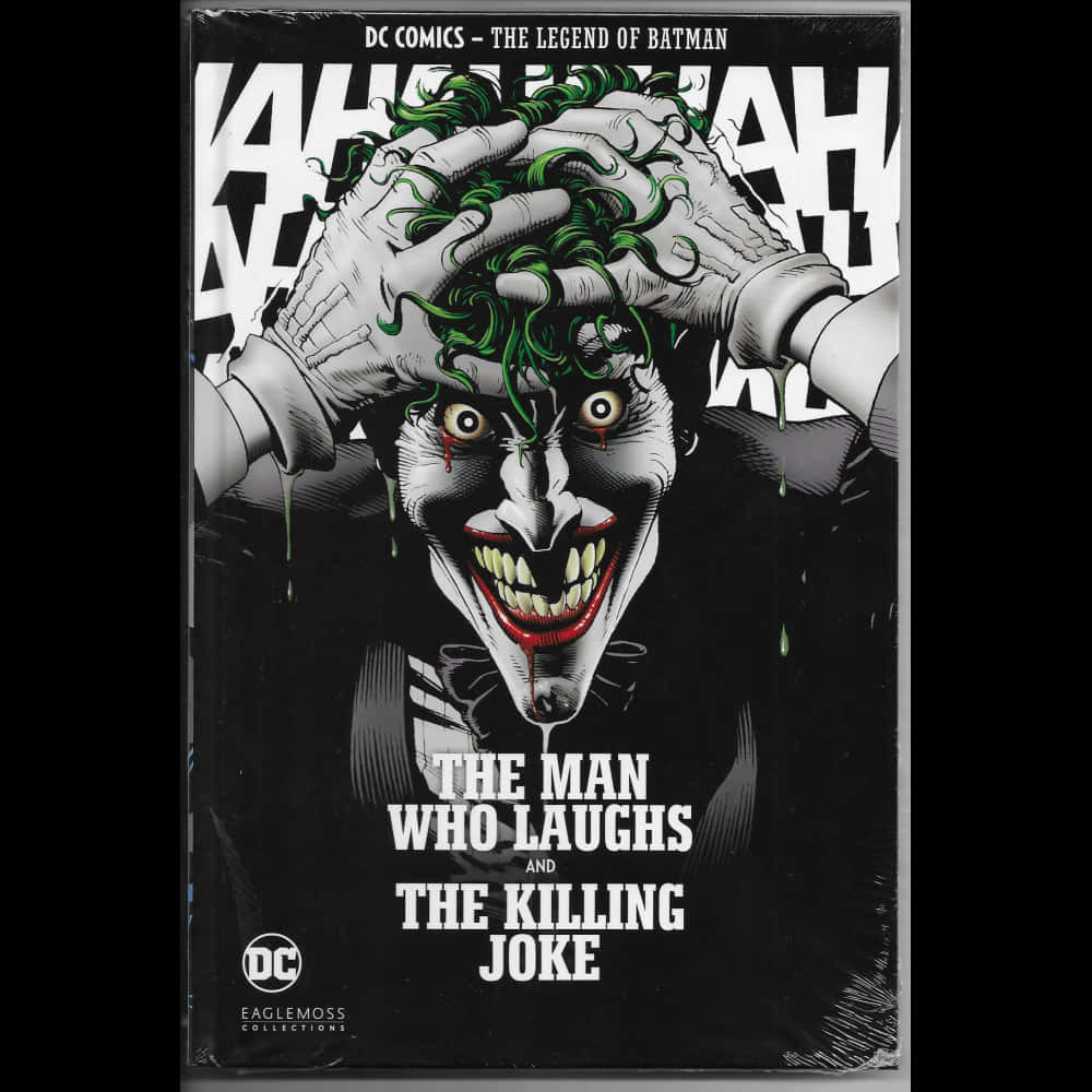 The Killing Joke 桌布 壁紙 — 一個威脅性的漫畫書封面，描繪了小丑，他有綠色頭髮，笑容滴著血，並抓著自己的頭。