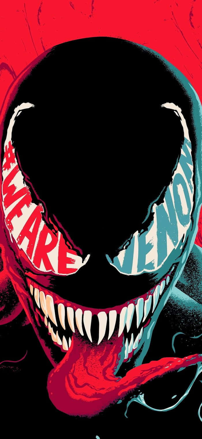 Venom Comic Book 桌布 壁紙 — 一個威脅性的漫畫風格毒液肖像，帶有鋒利的牙齒和舌頭，背景是鮮豔的紅色。