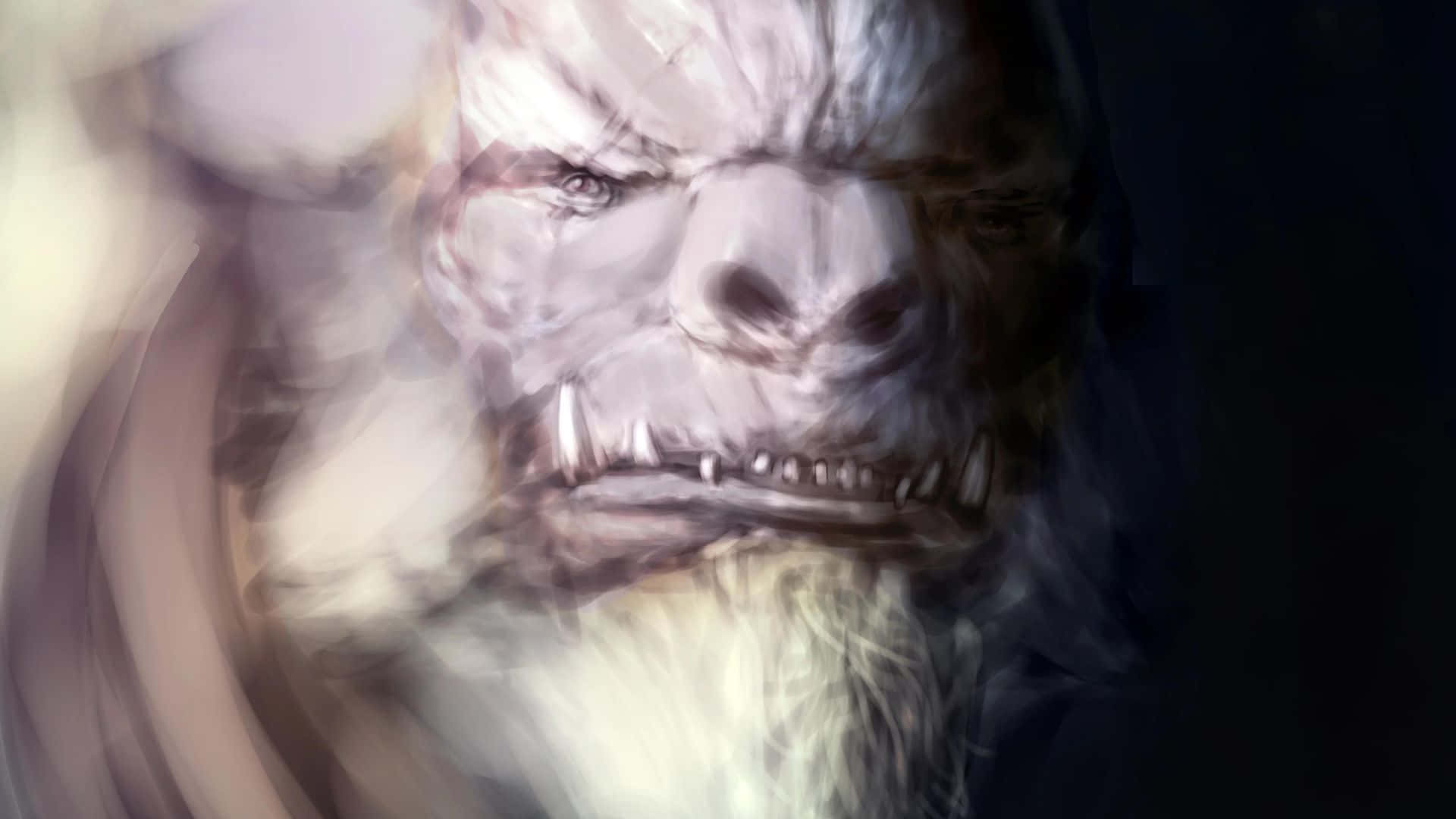 Tartarus 桌布 壁紙 — 一個威脅性的特寫，一隻怪獸般的猿猴，擁有鋒利的牙齒和發光的眼睛，處於黑暗模糊的環境中。