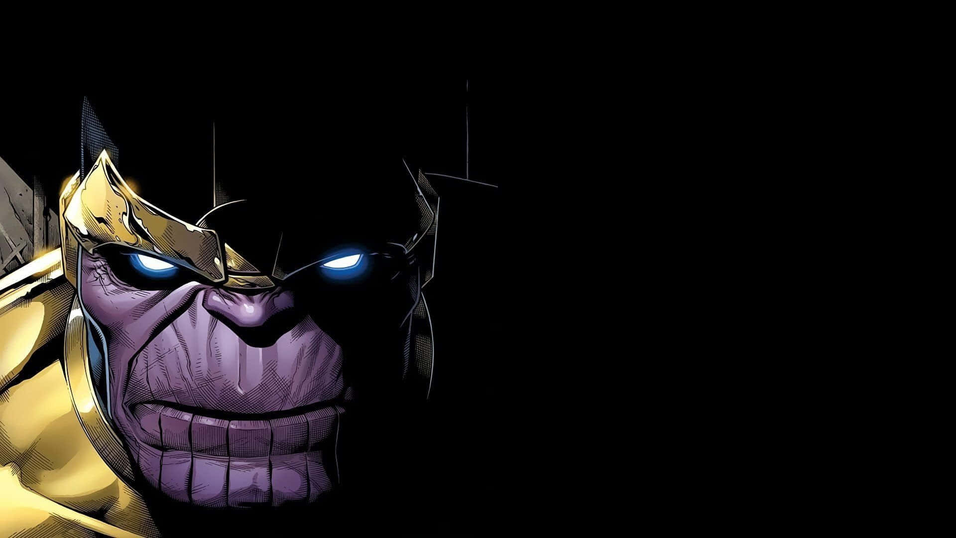 Thanos 桌布 壁紙 — 一個威脅性的特寫，薩諾斯擁有發光的藍色眼睛和金色盔甲，背景為黑色。