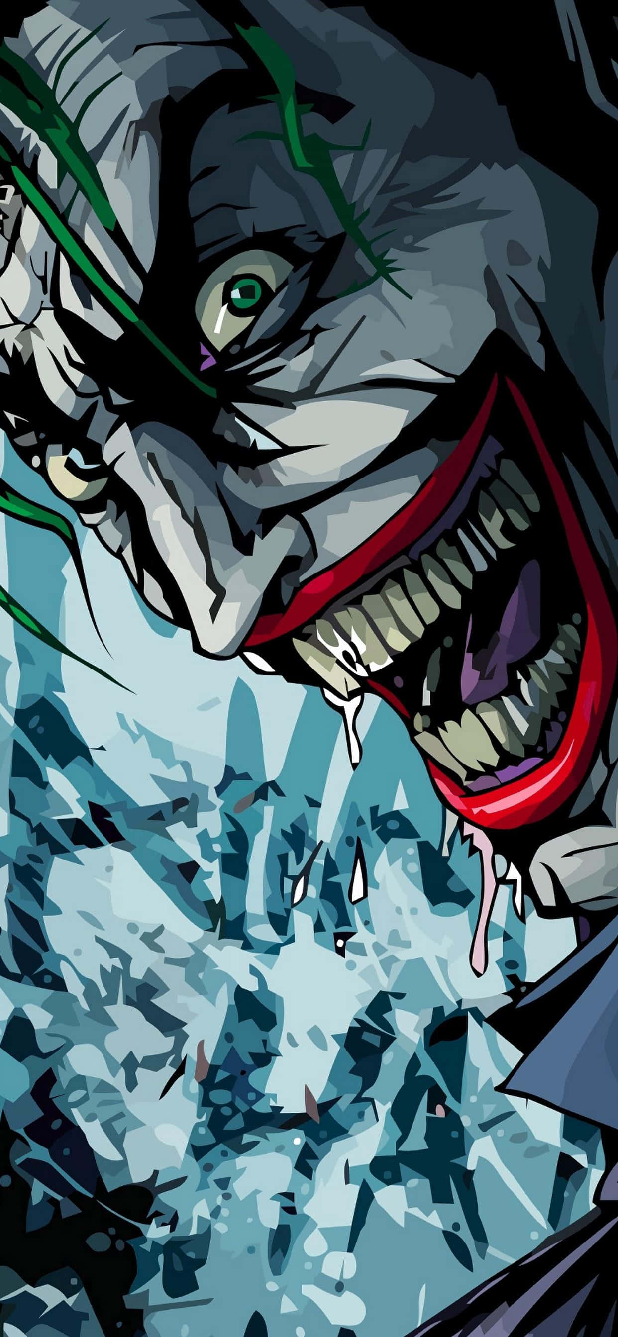 Joker Laughing 桌布 壁紙 — 一個威脅性的特寫鏡頭，小丑咧嘴大笑，口水滴落，背景是碎裂的冰面。