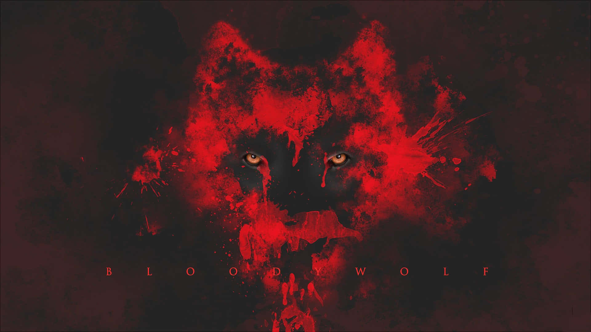 Red Wolf 桌布 壁紙 — 一個威脅性的狼臉從濺出的紅色油漆中浮現，背景黑暗，眼睛發光，並帶有文字 bloody wolf。