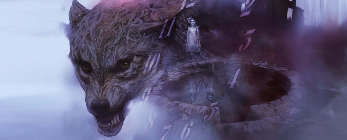 Wolf Attack 桌布 壁紙 — 一個威脅性的狼頭從迷霧中出現，一個幽靈般的女孩站在被漂浮數字包圍的鐘面上。