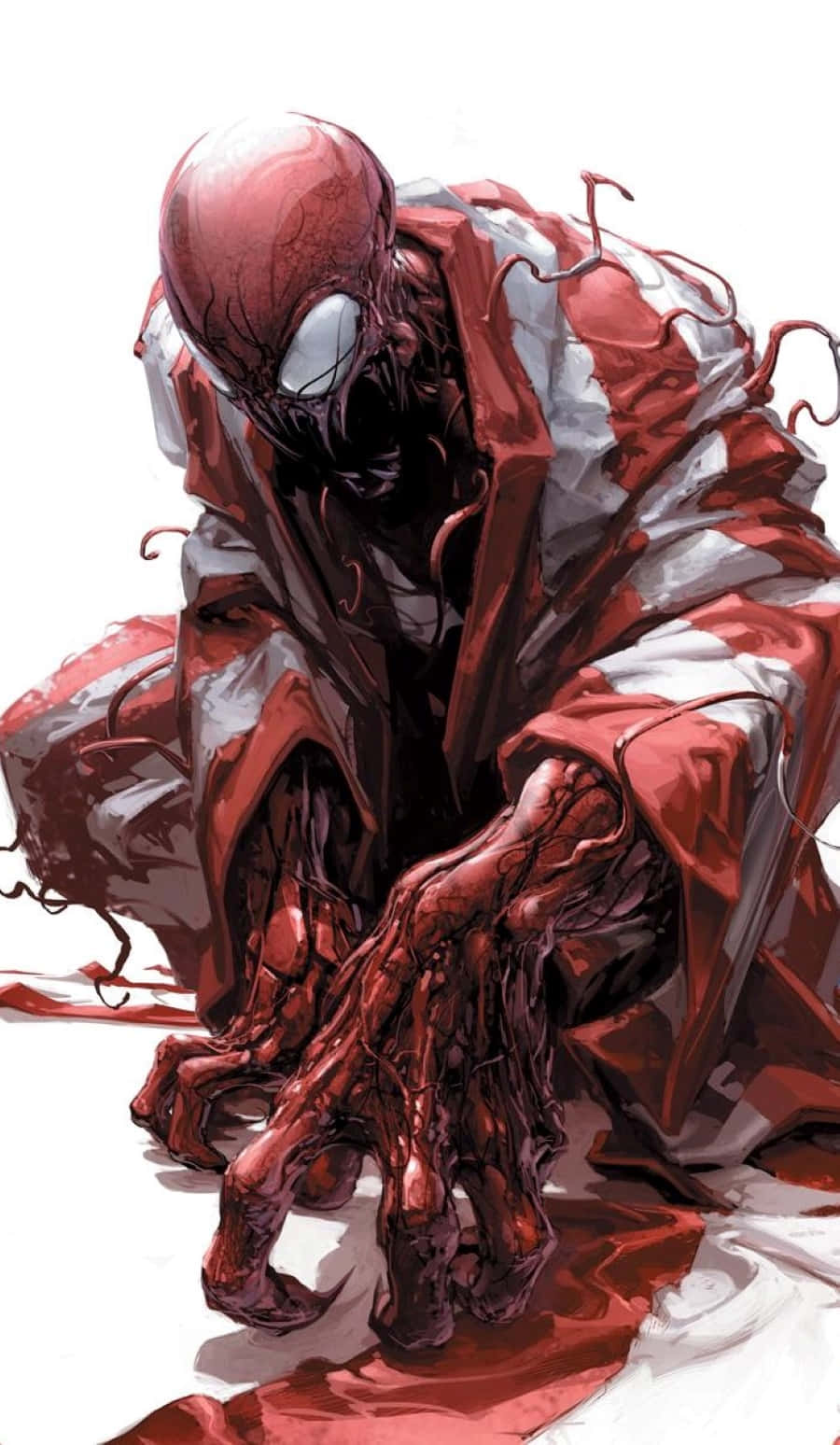 Carnage USA 桌布 壁紙 — 一個威脅性的紅白共生生物低伏著，滴著觸手，有著怪誕的臉孔，背景是純白色。
