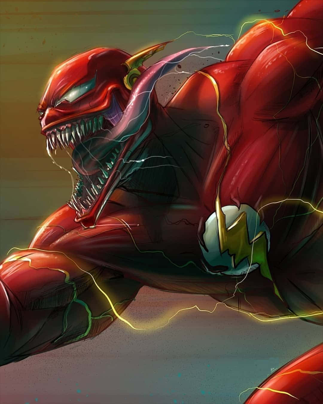 Venomverse 桌布 壁紙 — 一個威脅性的紅色共生體與閃電俠融合，肌肉發達的身體上閃電劈啪作響，發出咆哮。