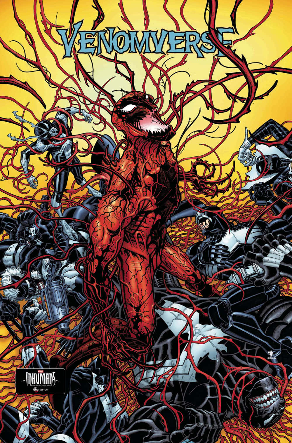 Venomverse 桌布 壁紙 — 一個威脅性的紅色毒液在混亂的漫畫書封面上佔據主導地位，周圍環繞著黑色共生體，背景是火黃色。