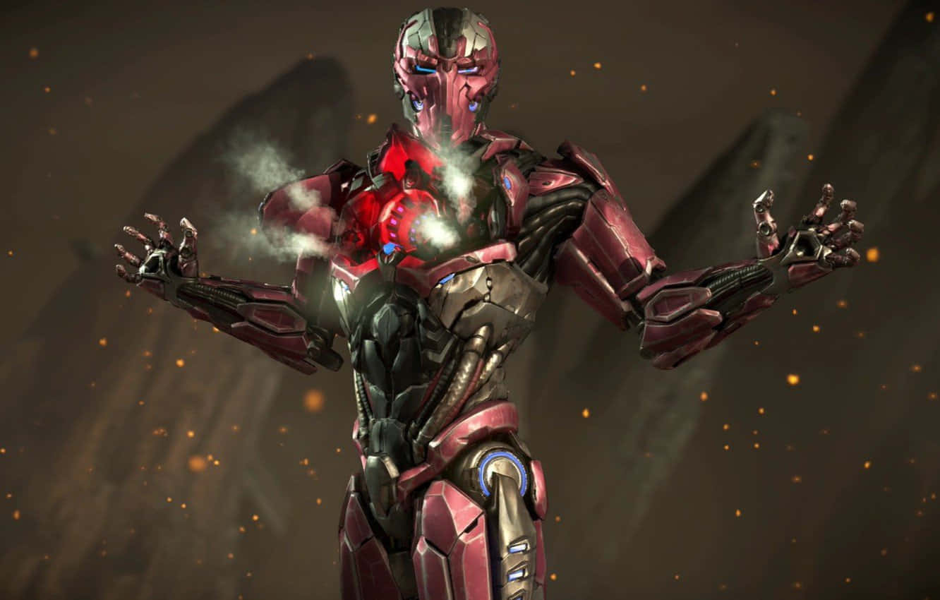 Mortal Kombat Triborg 桌布 壁紙 — 一個威脅性的紅黑裝甲機械人，藍色眼睛發光，胸口冒出蒸氣，雙臂張開，站在黑暗煙霧背景前。