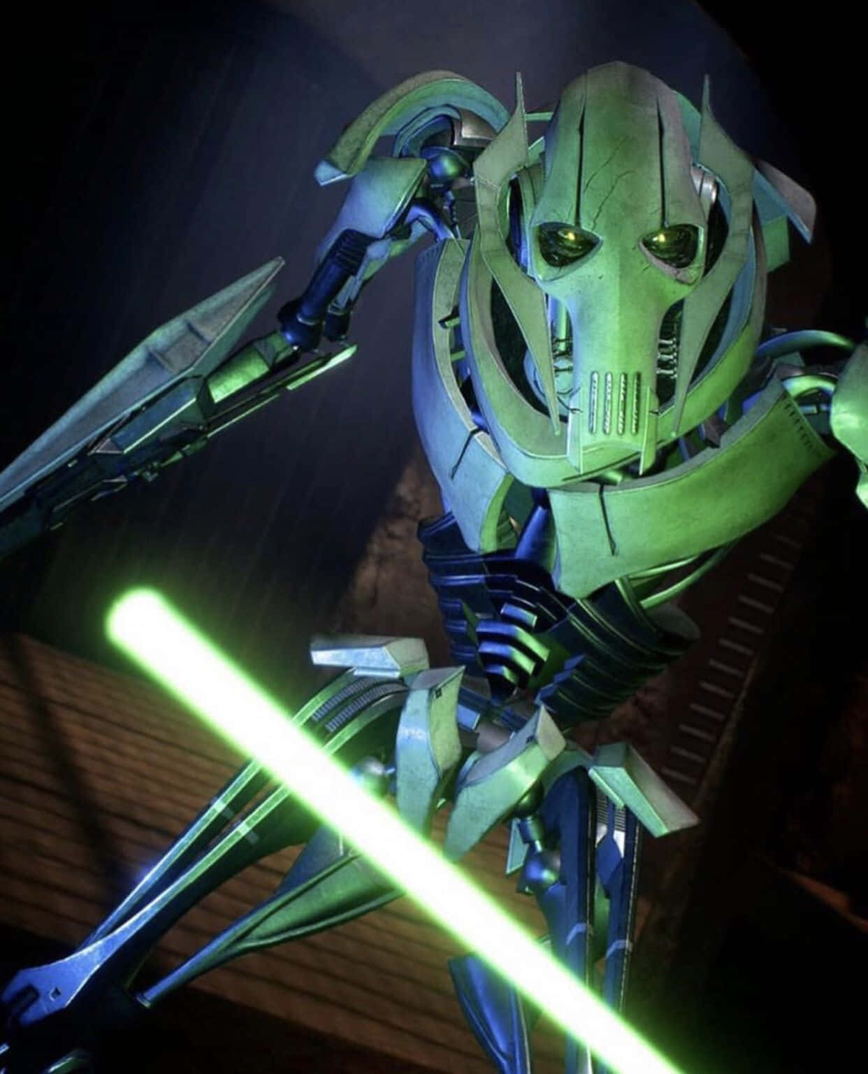The Trade Federation 桌布 壁紙 — 一個威脅性的綠色戰鬥機械人在昏暗的環境中揮舞著發光的綠色光劍。
