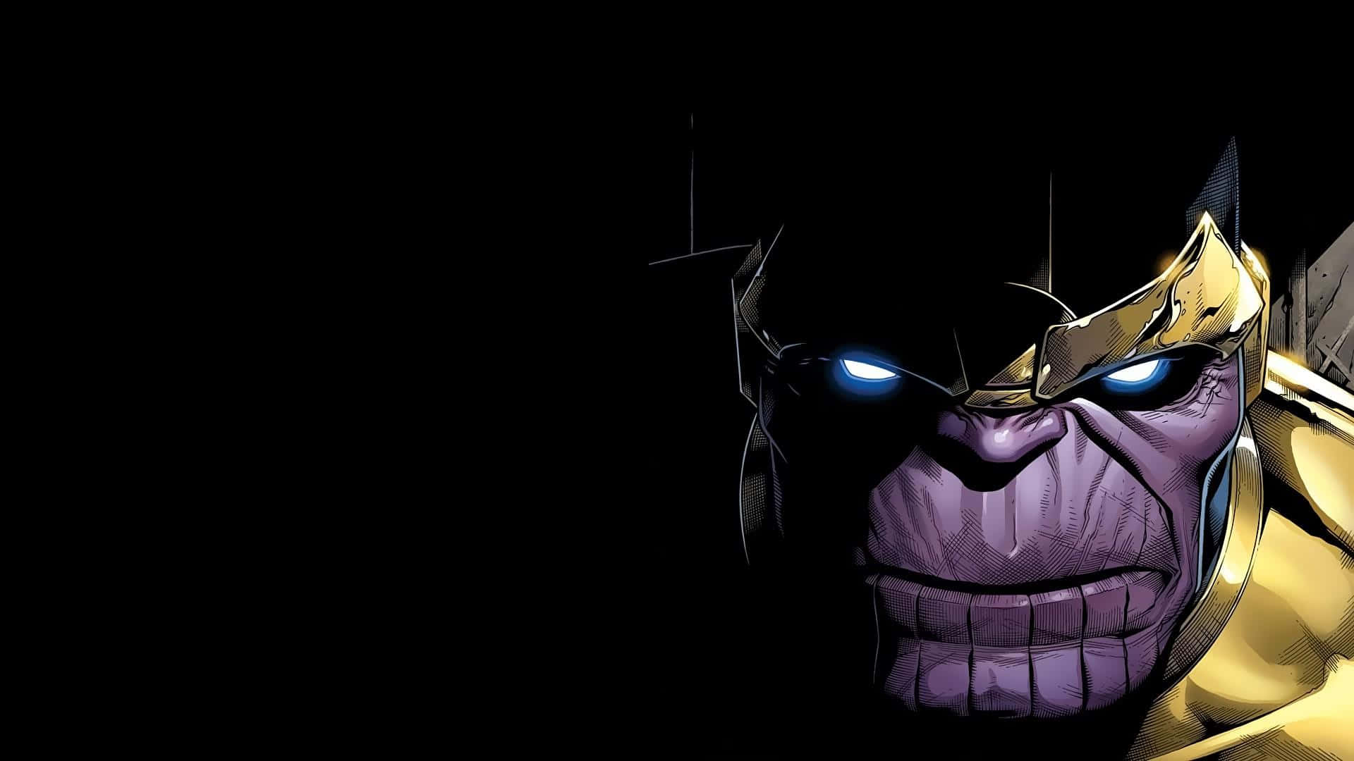 Thanos 桌布 壁紙 — 一個威脅性的薩諾斯特寫，藍色發光的眼睛和金色盔甲，背景為黑色。