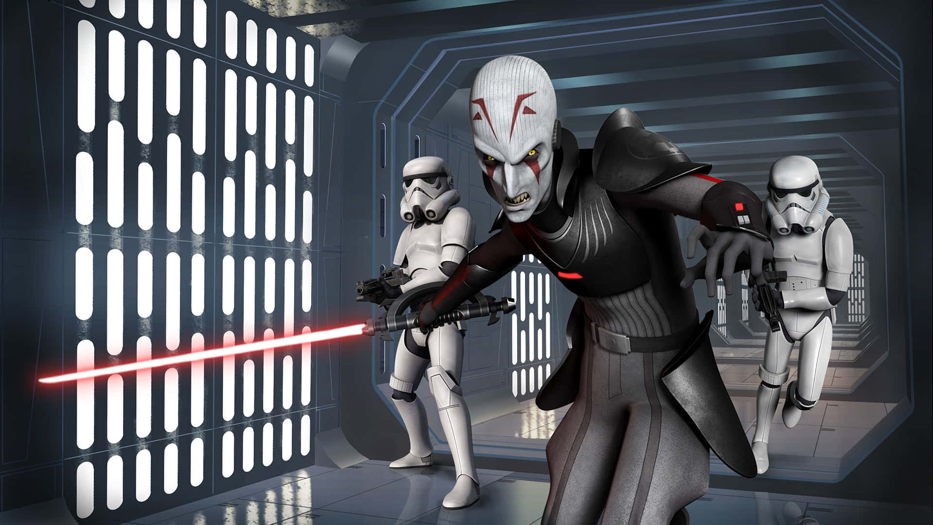 The Rebellion 桌布 壁紙 — 一個威脅性的西斯尊主在未來金屬走廊中揮舞紅色光劍，兩旁有風暴兵。