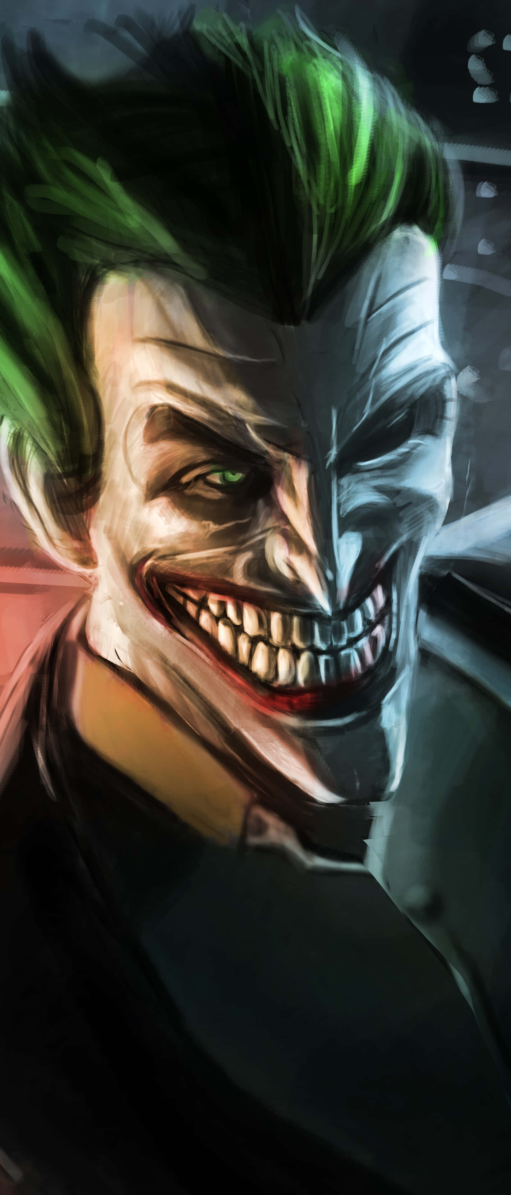 Batman Comics 桌布 壁紙 — 一個威脅性的近距離特寫，小丑擁有綠色頭髮和寬闊的邪惡笑容，背景為黑暗。
