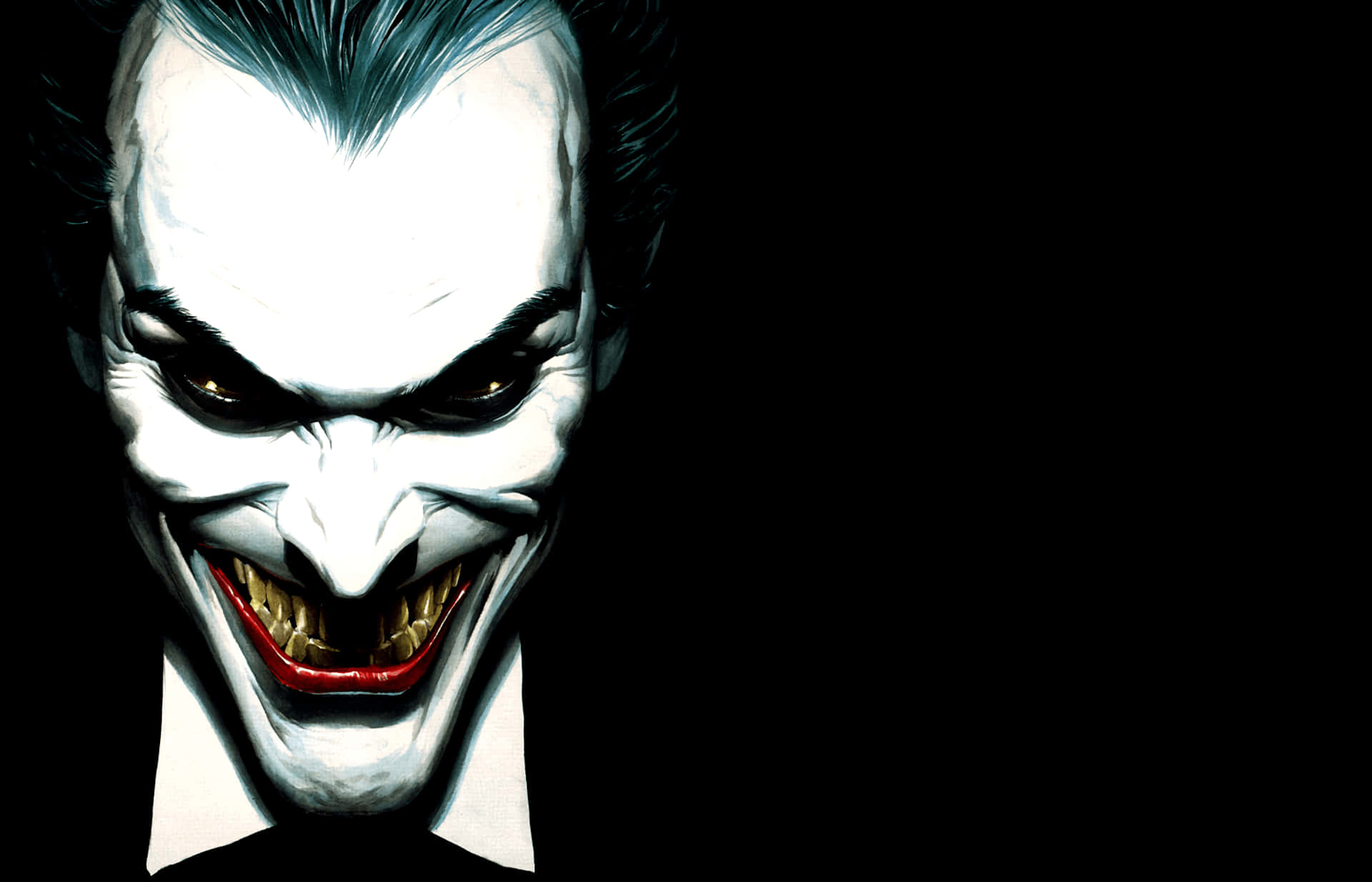 Evil Joker 桌布 壁紙 — 一個威脅性的近距離鏡頭，小丑在黑色背景上露出燦爛的笑容。