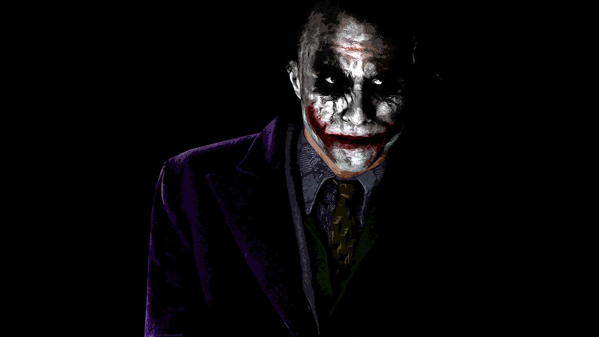 Evil Joker 桌布 壁紙 — 一個威脅性的近距離鏡頭，小丑穿著紫色西裝，黑色背景，白色和紅色的化妝品被弄髒。