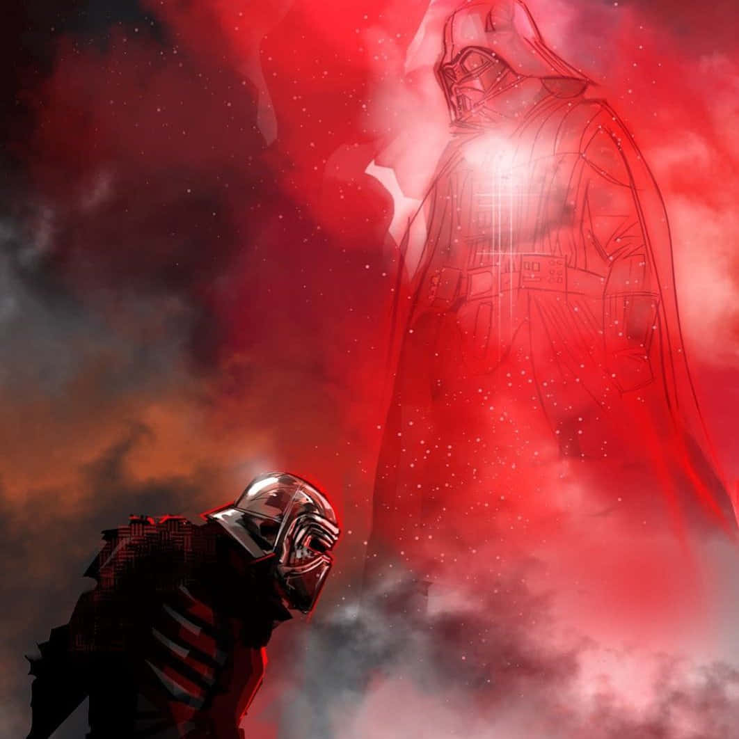 Mustafar 桌布 壁紙 — 一個威脅性的達斯維達幽靈般的身影在深紅色的雲層中浮現，而凱洛·倫在陰影中敬畏地跪在下方。