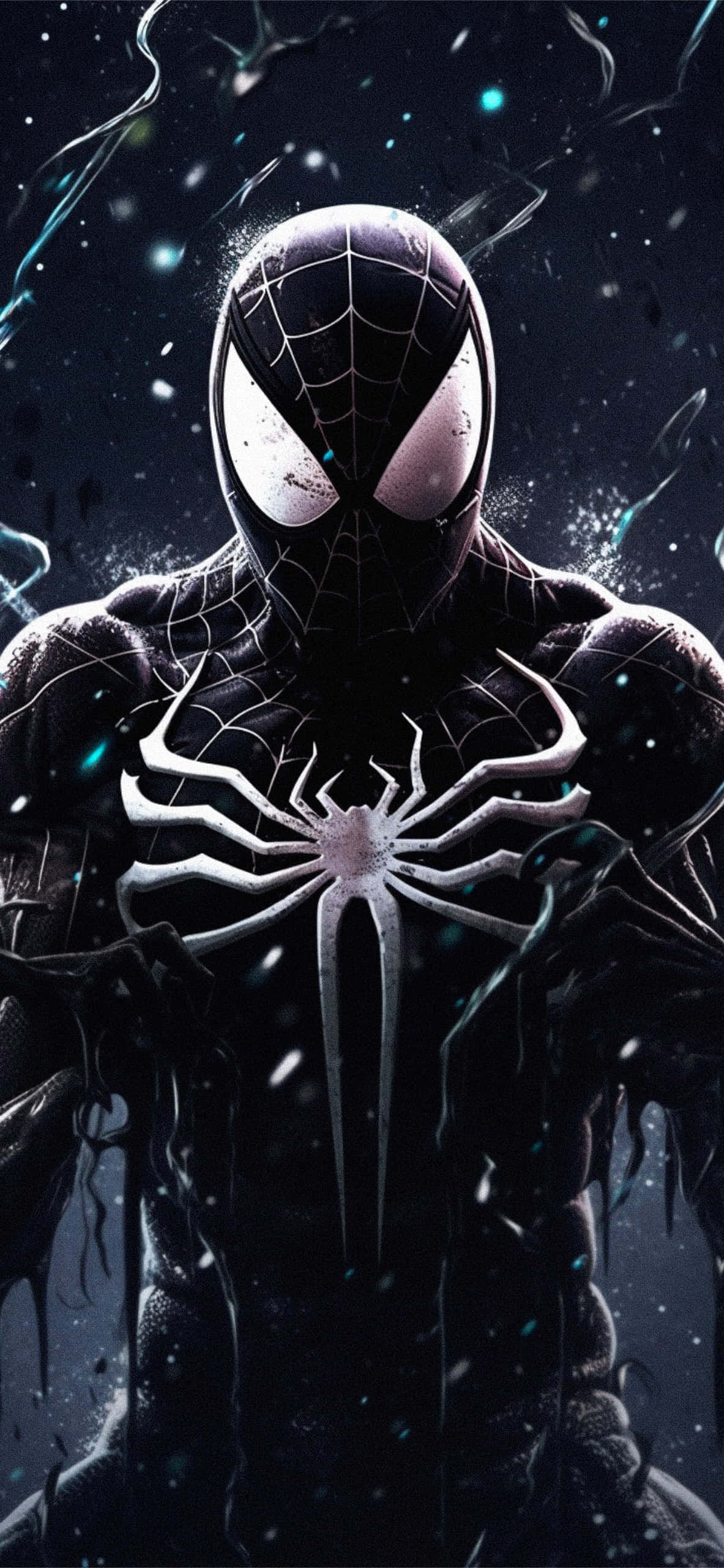 Symbiote 桌布 壁紙 — 一個威脅性的黑色共生體蜘蛛俠站在黑暗的宇宙虛空中，發光的粒子圍繞著他裝甲形態旋轉。