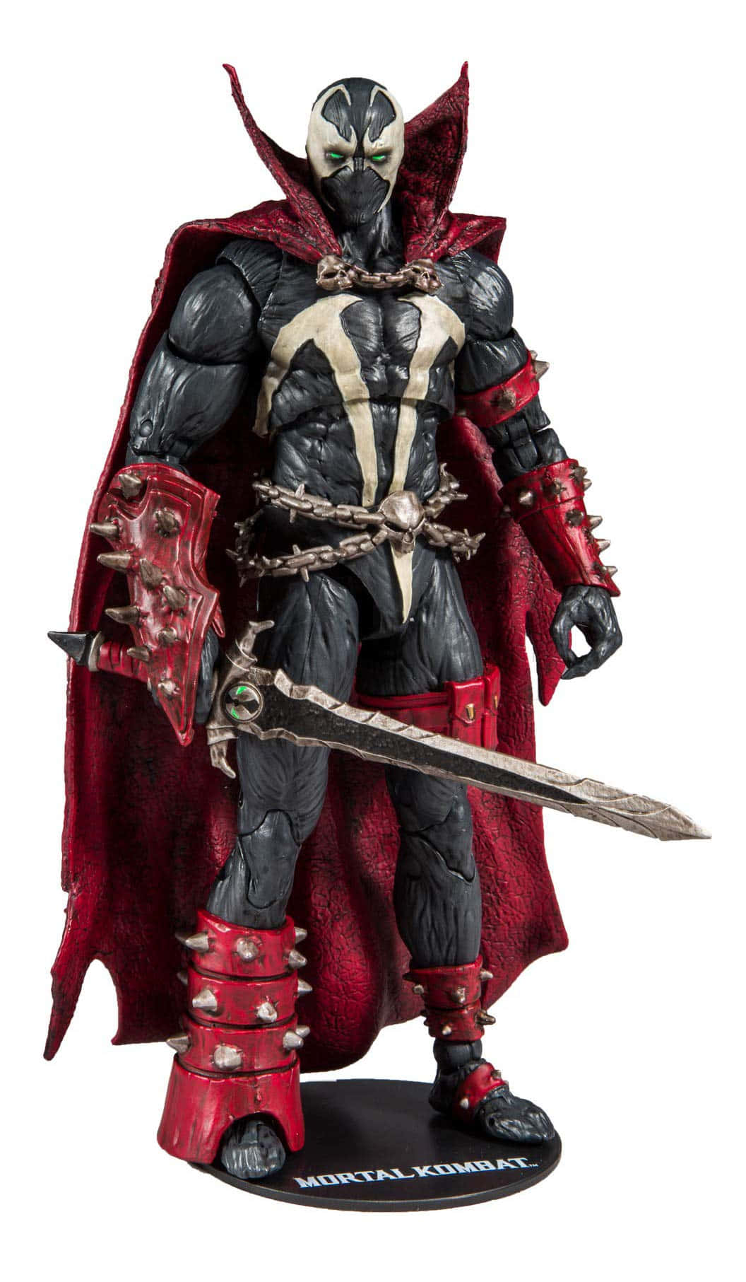 Mortal Kombat 11 Spawn 桌布 壁紙 — 一個威風凜凜的Mortal Kombat角色，身穿全套盔甲，披著紅色斗篷，手持劍，站在白色背景前。