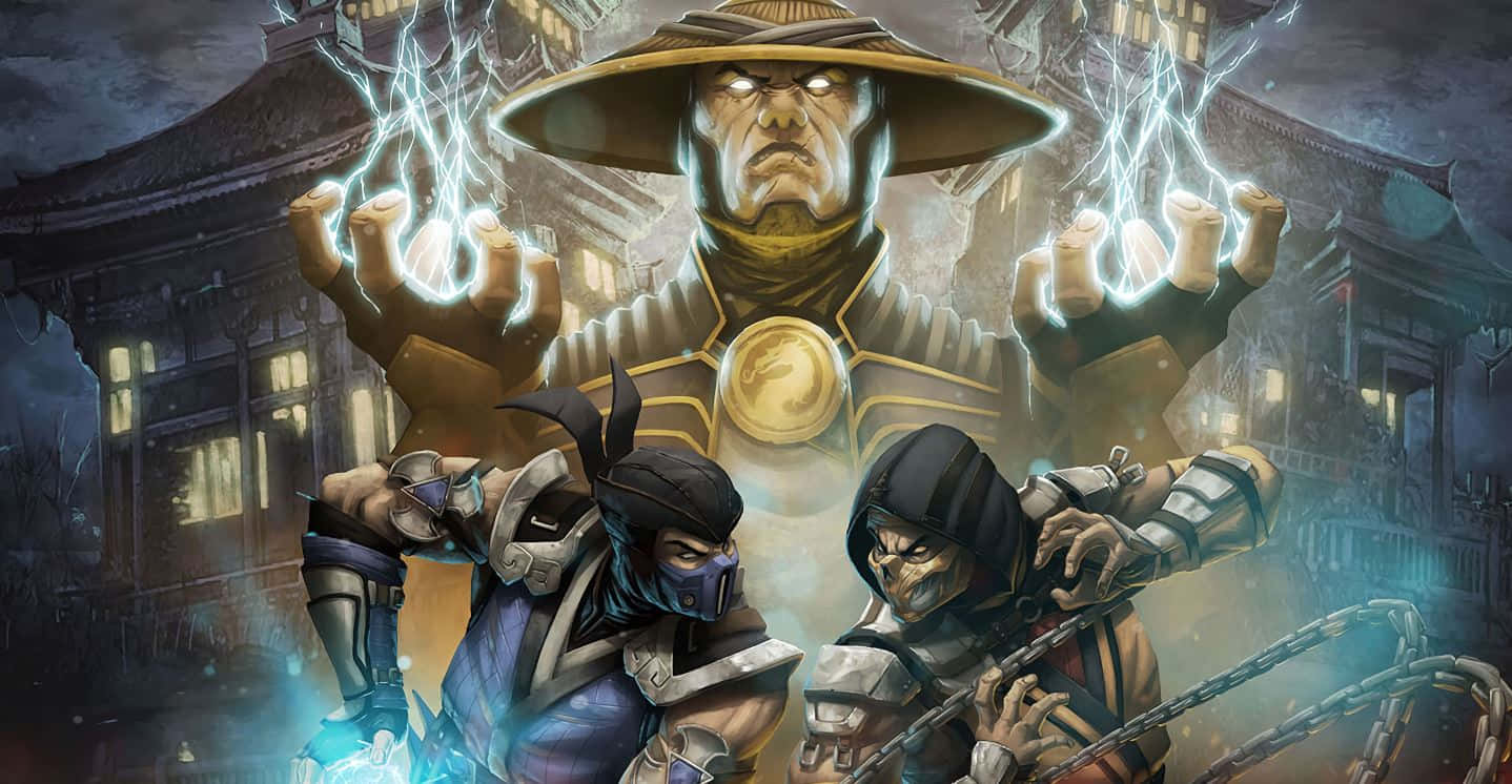 Mortal Kombat Legacy 桌布 壁紙 — 一個威風凜凜的武術大師，閃電拳頭閃閃發光，在風雨交加的寺廟庭院中俯視著兩名蒙面戰士。