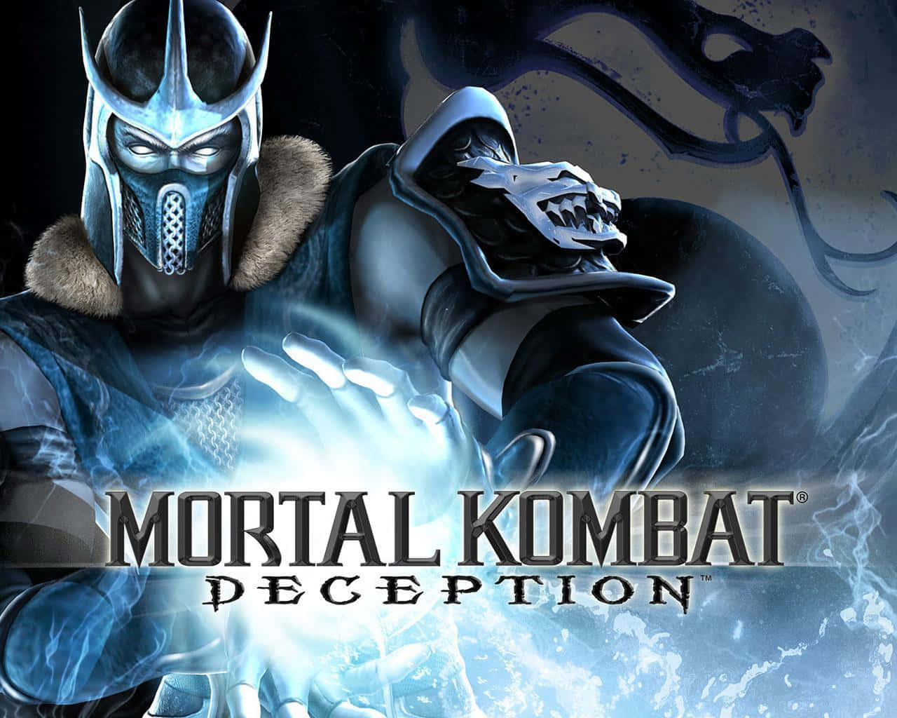 Mortal Kombat Sub-zero 桌布 壁紙 — 一個威風凜凜的裝甲戰士，手中握著發光的藍色能量，站在黑暗旋轉的背景前。