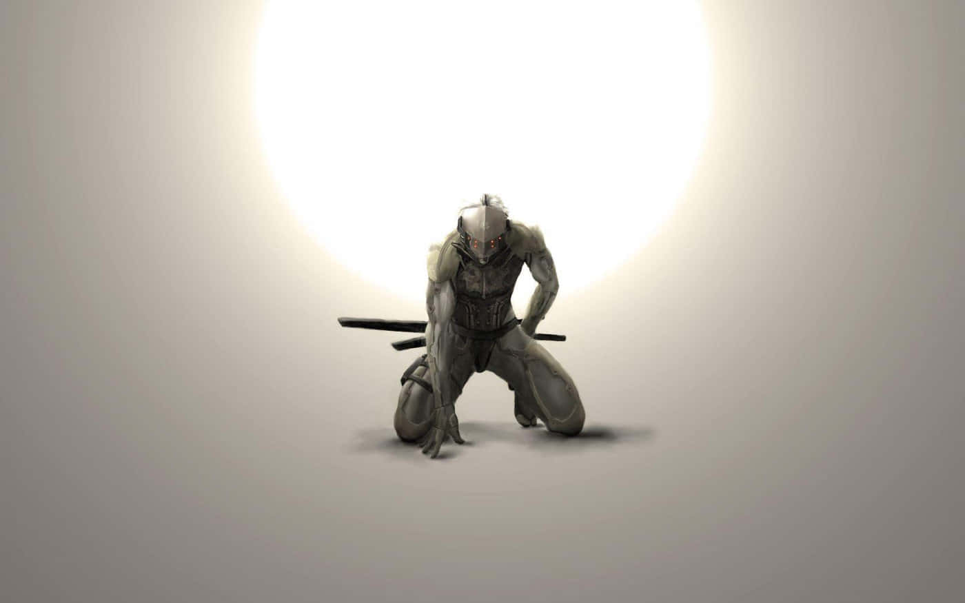Bushido Samurai 桌布 壁紙 — 一個威風凜凜的裝甲戰士以蹲伏的戰鬥姿勢跪在一個光芒四射的發光球體背景前。