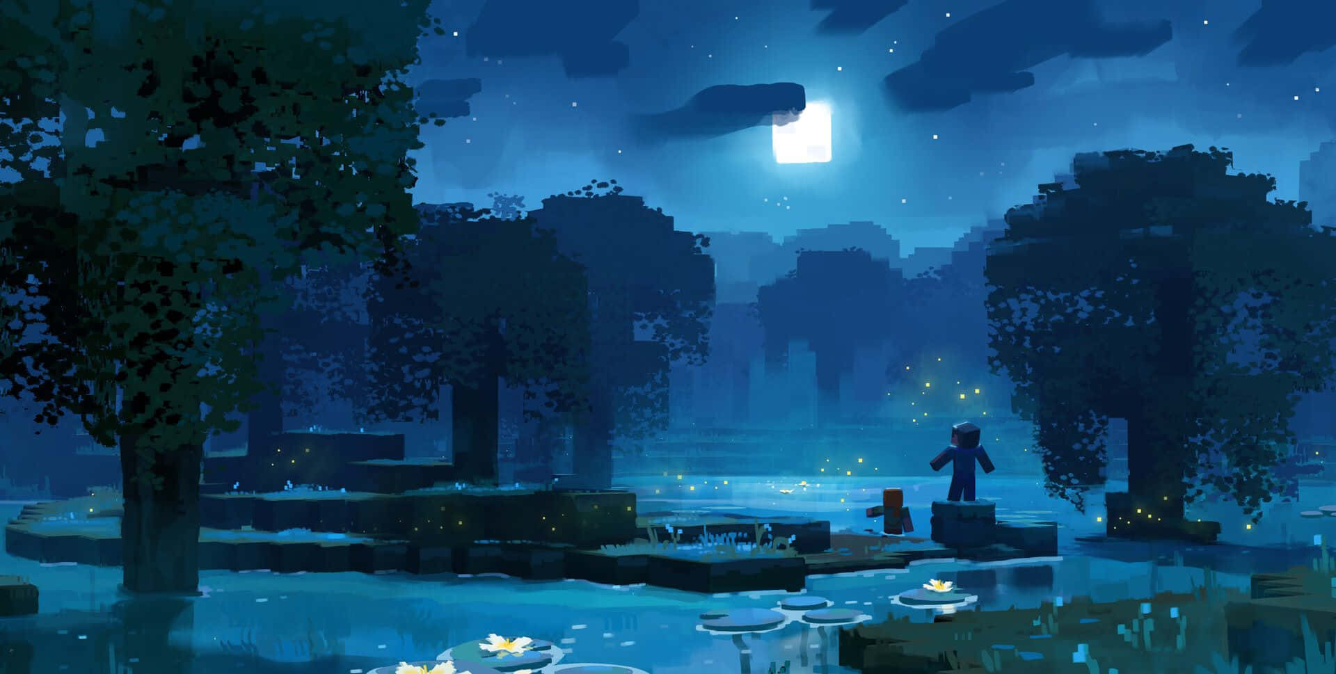 Minecraft Art 桌布 壁紙 — 一個孤獨嘅Minecraft角色企喺月光照耀下嘅沼澤石台上，周圍有發光嘅螢火蟲同睡蓮葉。