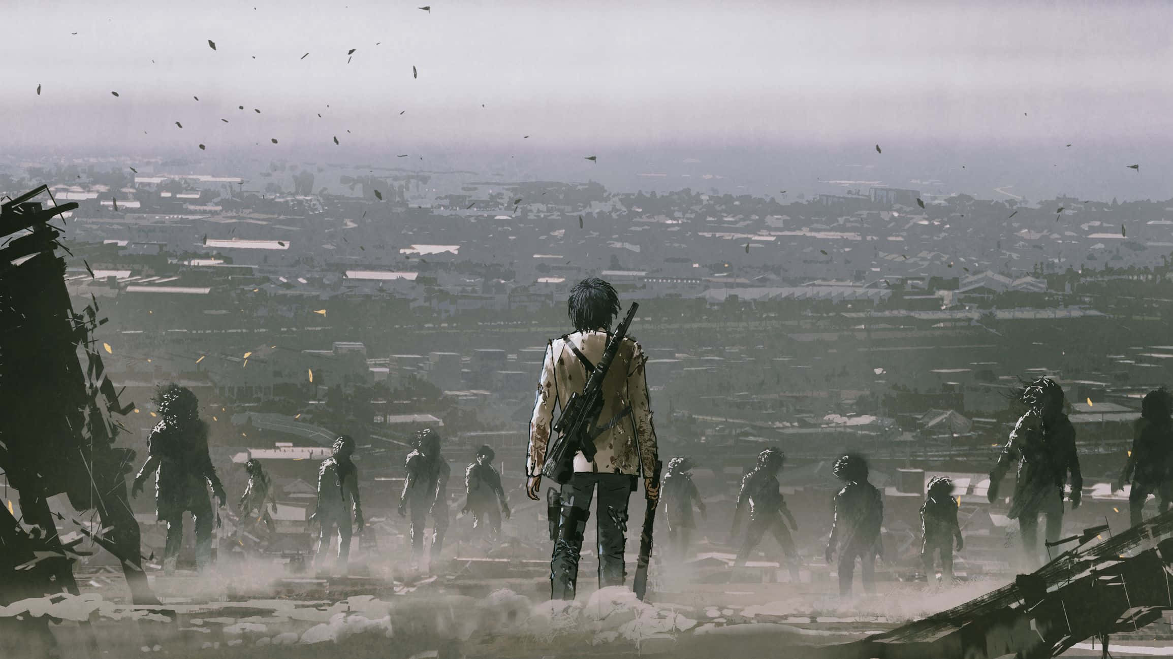 Apocalypse 桌布 壁紙 — 一個孤獨嘅倖存者揸住步槍企喺瓦礫上面，俯瞰荒涼嘅城市景觀，而喪屍般嘅身影從塵埃中出現。