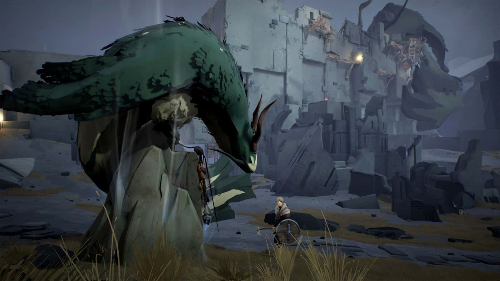 Ashen 桌布 壁紙 — 一個孤獨嘅輪椅人物喺陰沉天空下，面對住喺崩塌石廢墟中嘅巨大綠色龍。