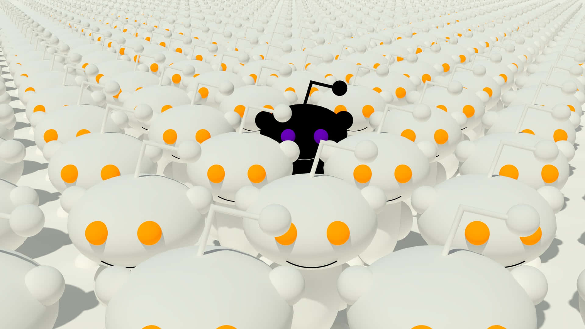 reddit 桌布 壁紙 — 一個孤獨嘅黑色外星人，紫色眼睛，企喺無窮無盡嘅白色機械人行列中間，啲機械人都有橙色斑點。