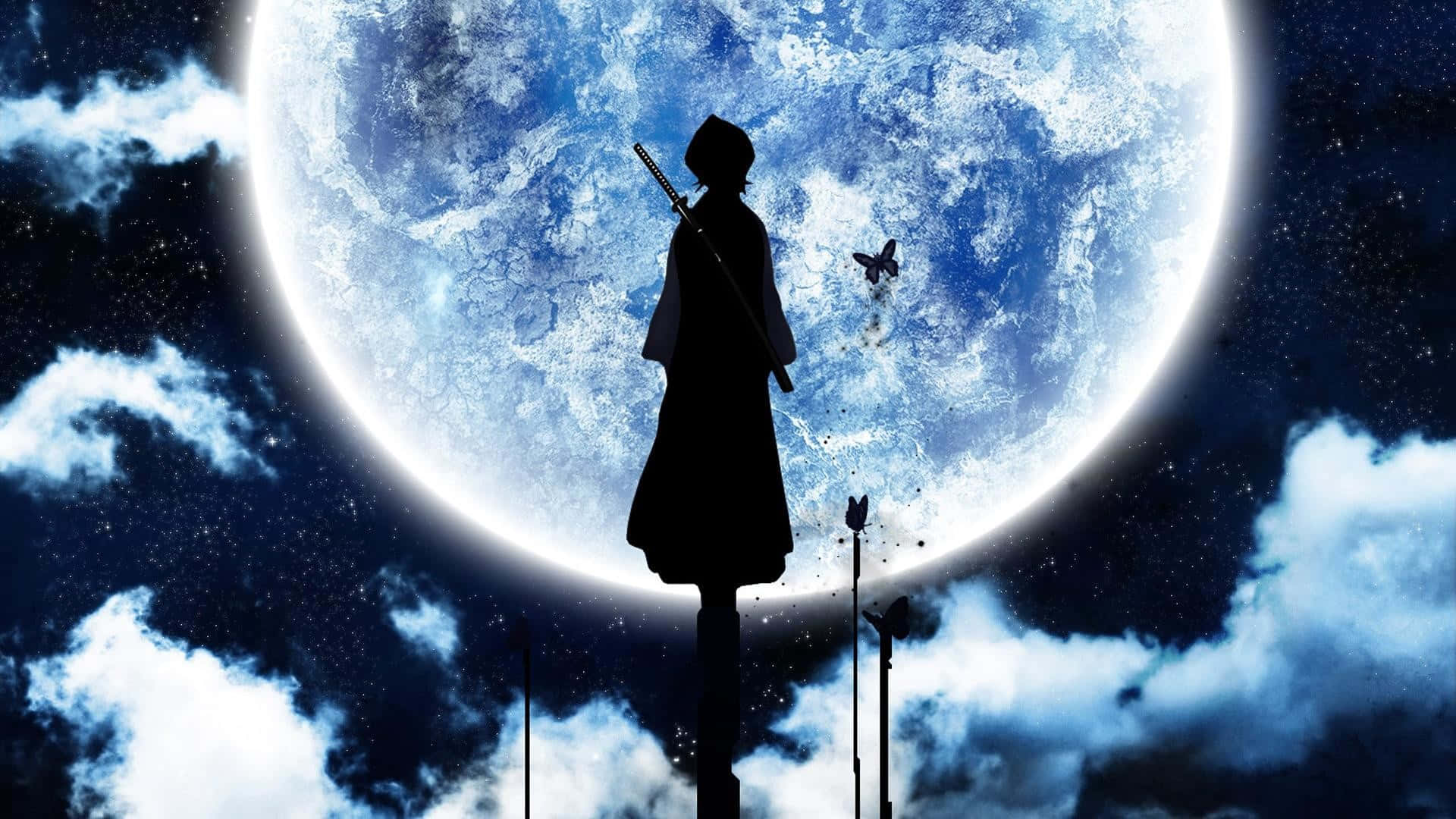 Sad Dark Anime 桌布 壁紙 — 一個孤獨戰士的剪影站在巨大發光的月亮前，蝴蝶在星空下圍繞他們飛舞。