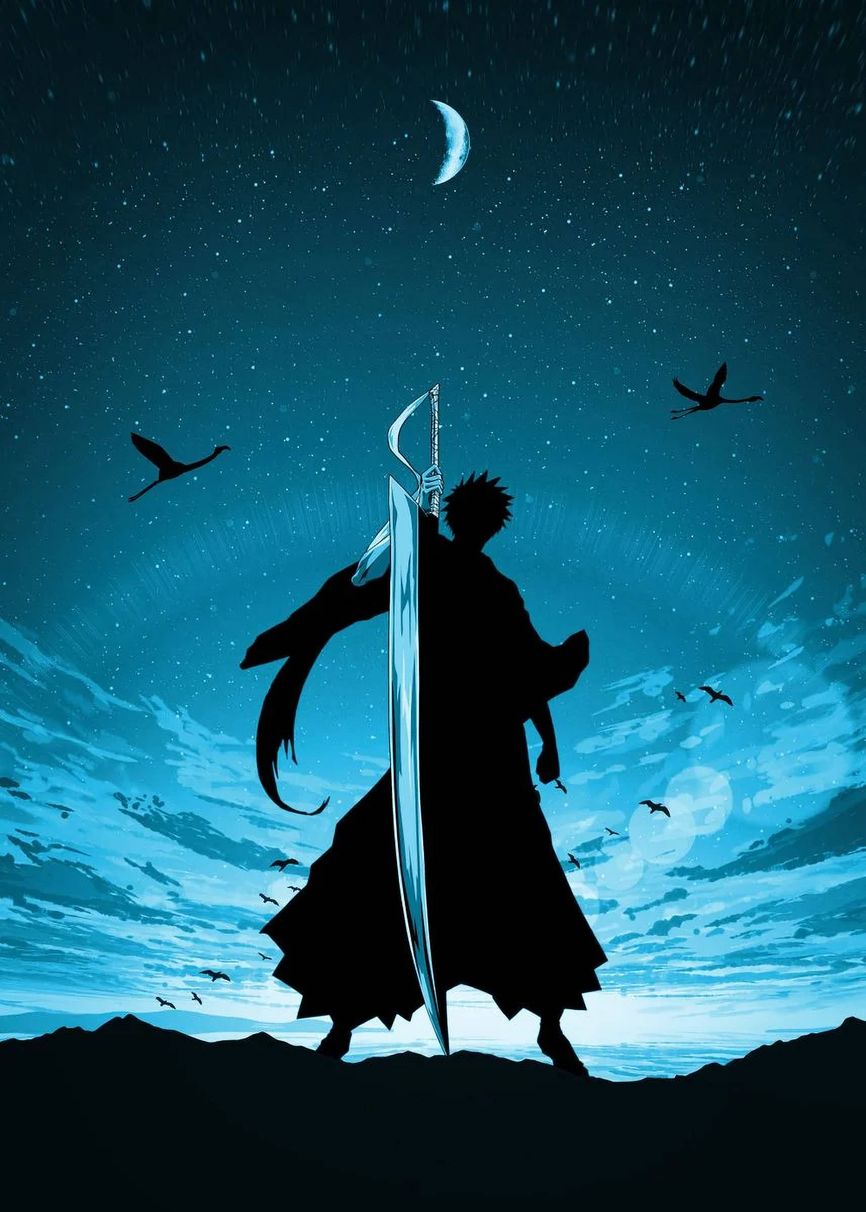 Silhouette 桌布 壁紙 — 一個孤獨戰士的剪影站在懸崖頂上，在星空夜空下舉著發光的劍，伴隨著新月和飛鳥。