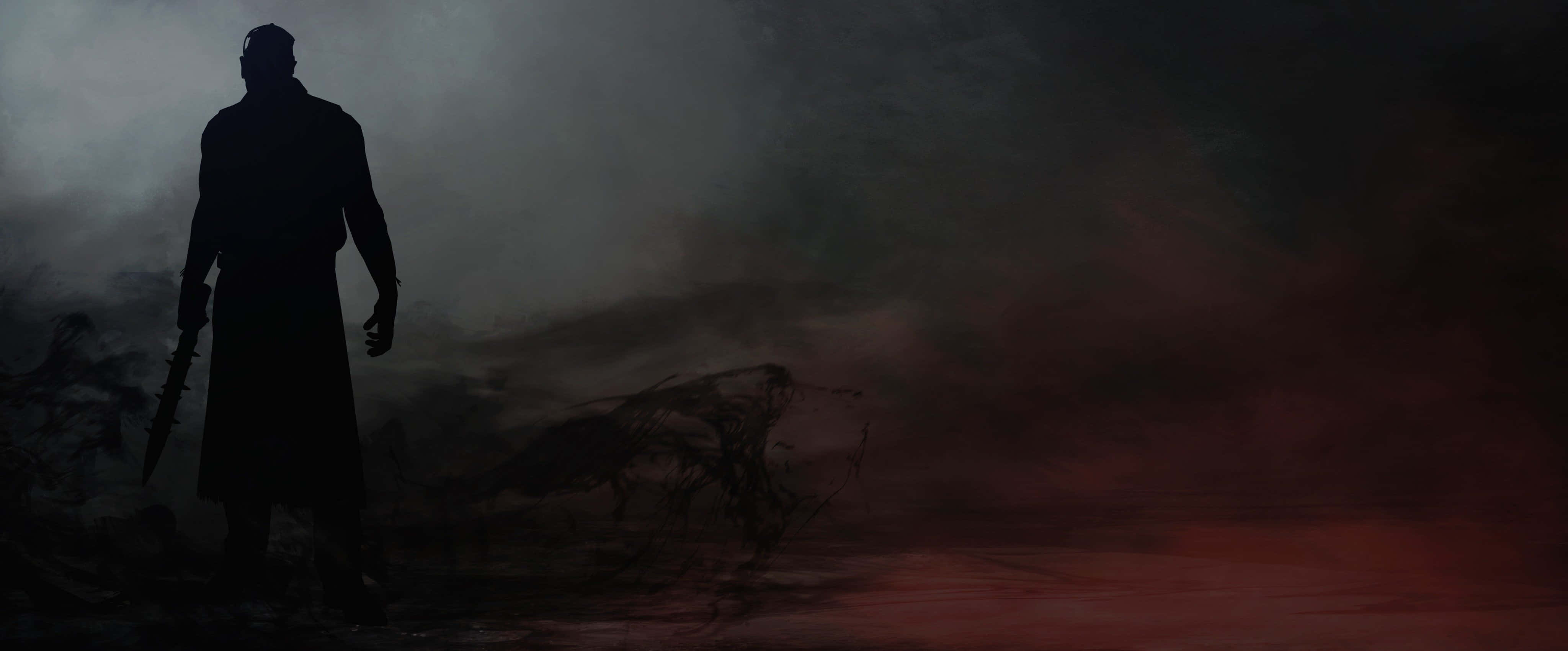 Dead By Daylight Killers 桌布 壁紙 — 一個孤獨戰士的剪影站在迷霧黑暗中，手持劍，不祥的紅色煙霧在他周圍旋轉。