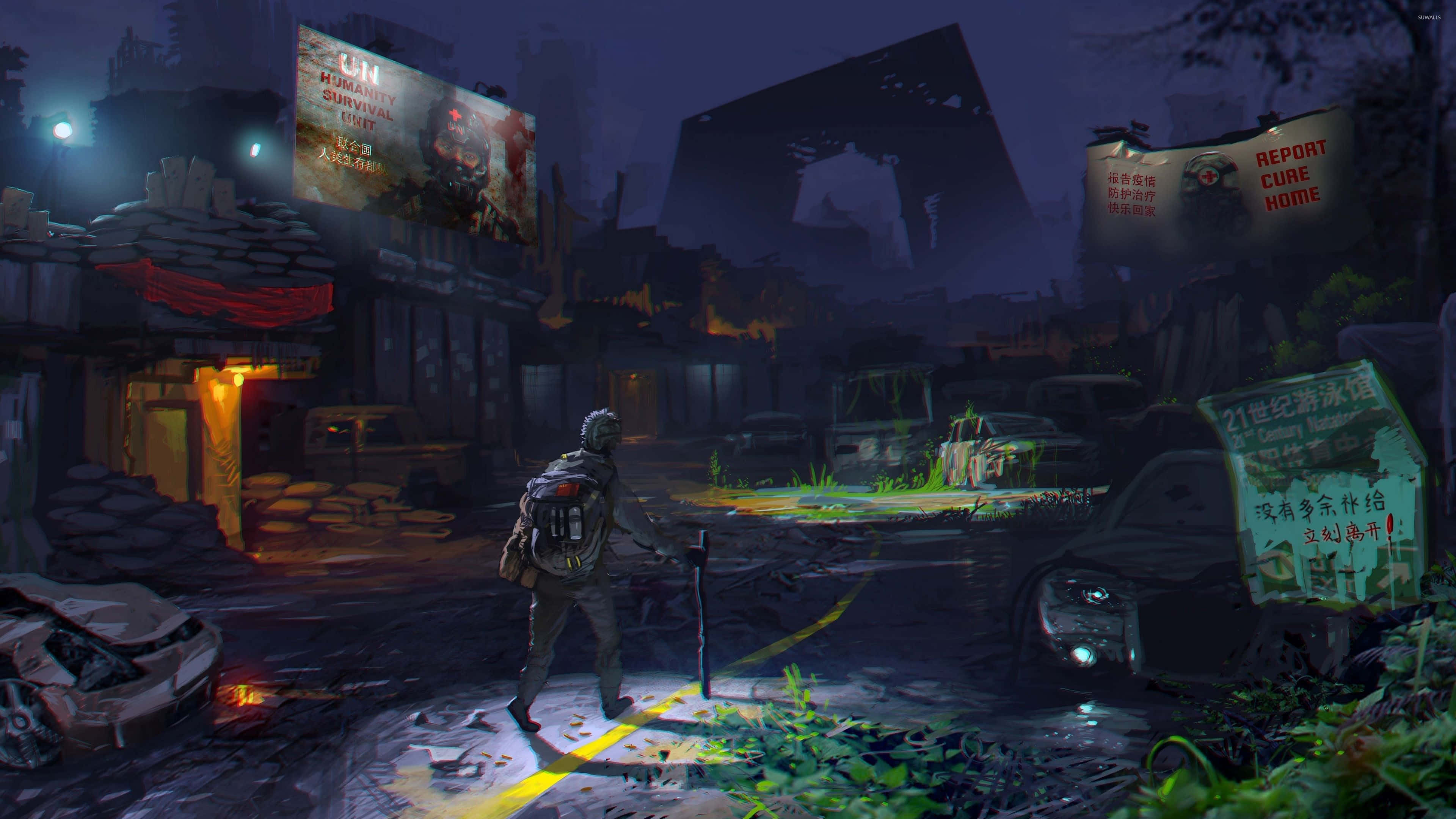 Apocalypse 桌布 壁紙 — 一個孤獨的倖存者在夜晚走過一條被雨水浸濕、霓虹燈照亮的世界末日後街道，周圍是毀壞的汽車和詭異的廣告牌。