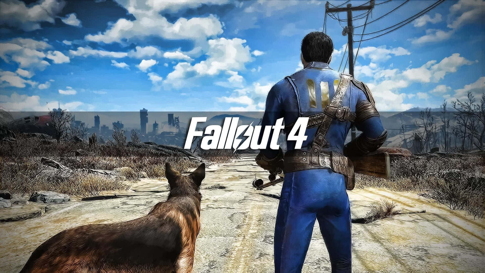 Fallout 4 Dogmeat 桌布 壁紙 — 一個孤獨的倖存者穿著藍色動力裝甲服，帶著一隻狗穿過廢墟荒地，朝著遠處的城市天際線走去，天空湛藍明亮。