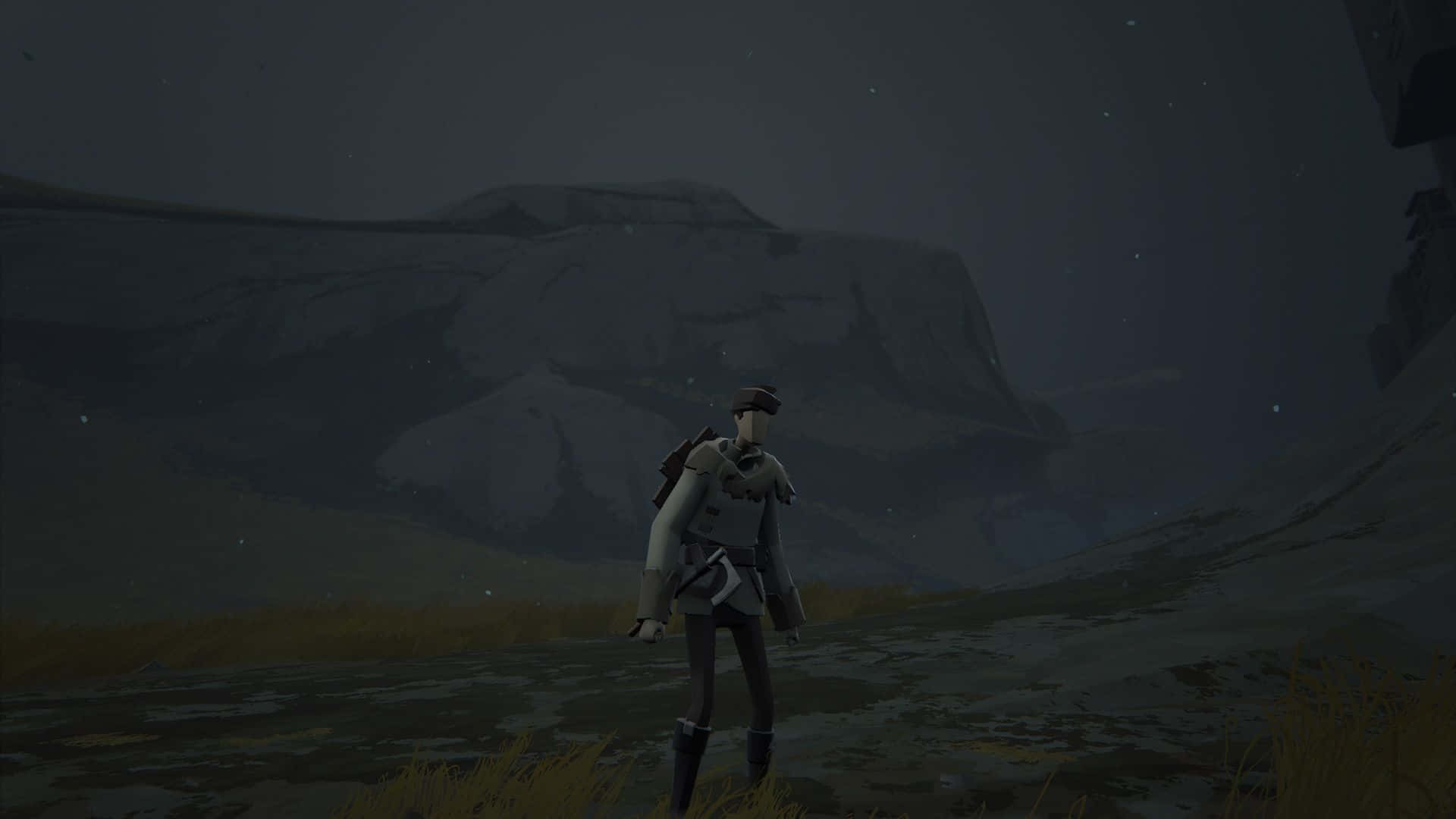 Ashen 桌布 壁紙 — 一個孤獨的冒險家穿著連帽外套，站在星光燦爛的山谷中，背後是高聳的黑暗山脈。