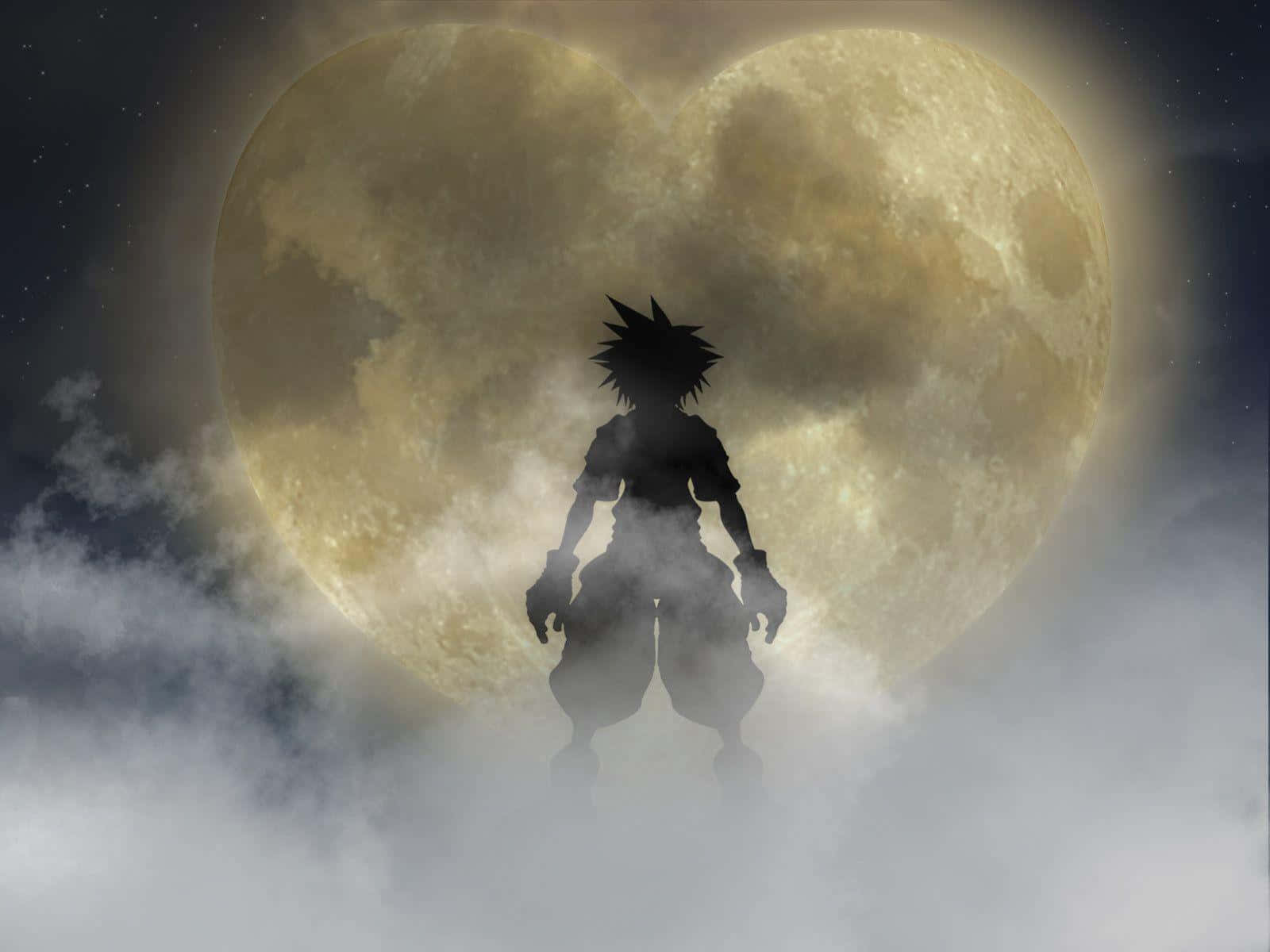 Kingdom Hearts Sora 桌布 壁紙 — 一個孤獨的刺蝟頭動漫角色以剪影姿態站立，背景是巨大發光的愛心形月亮，周圍環繞著雲朵。