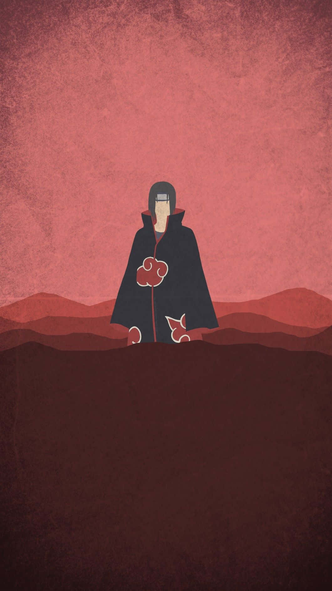 Itachi 桌布 壁紙 — 一個孤獨的動漫人物，身穿帶有紅色雲紋的黑色斗篷，站在紅色的山脈之上，背景是紋理豐富的深紅天空。