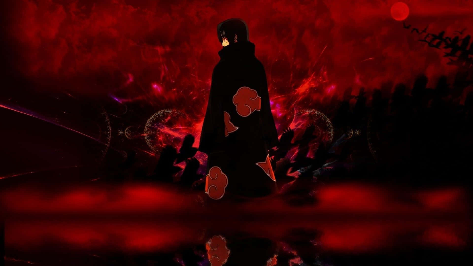 Genjutsu 桌布 壁紙 — 一個孤獨的動漫人物，身穿帶有紅色雲紋的黑色斗篷，在熾熱的紅色和黑暗背景中，以發光的符號為襯托，呈現剪影。