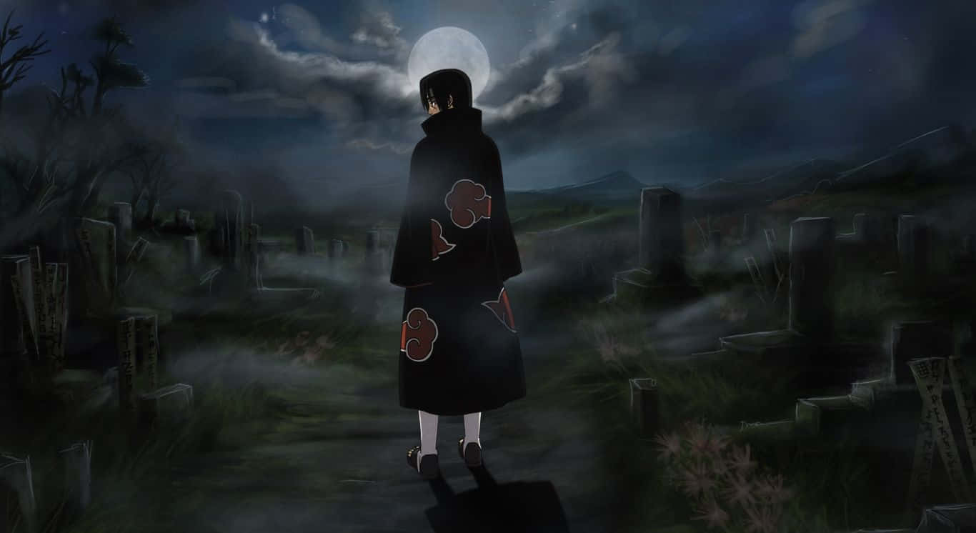 Genjutsu 桌布 壁紙 — 一個孤獨的動漫人物，身穿帶有紅色雲紋的黑色斗篷，站在滿月下的霧氣瀰漫的墓地中。