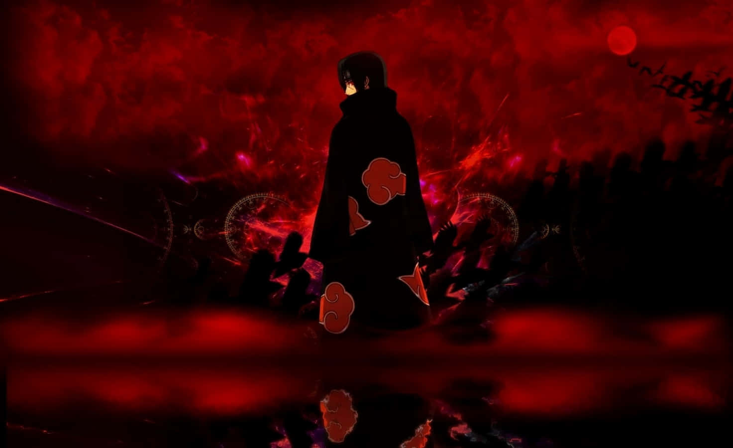 Akatsuki Ninja 桌布 壁紙 — 一個孤獨的動漫人物，身穿帶有紅色雲紋的黑色斗篷，站在帶有發光符號的熾熱紅黑背景前。