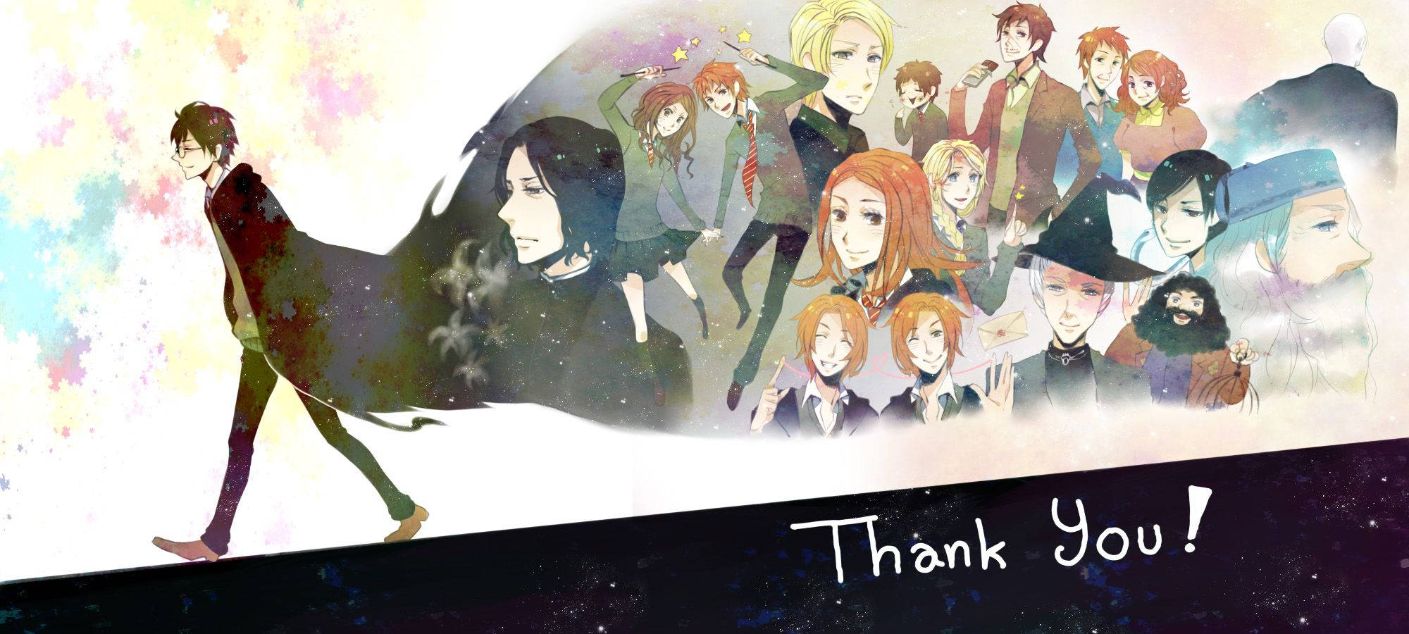 Characters Harry Potter Anime 壁紙 — 一個孤獨的動漫人物向左走過宇宙背景，身後漂浮著一群多元化的角色。