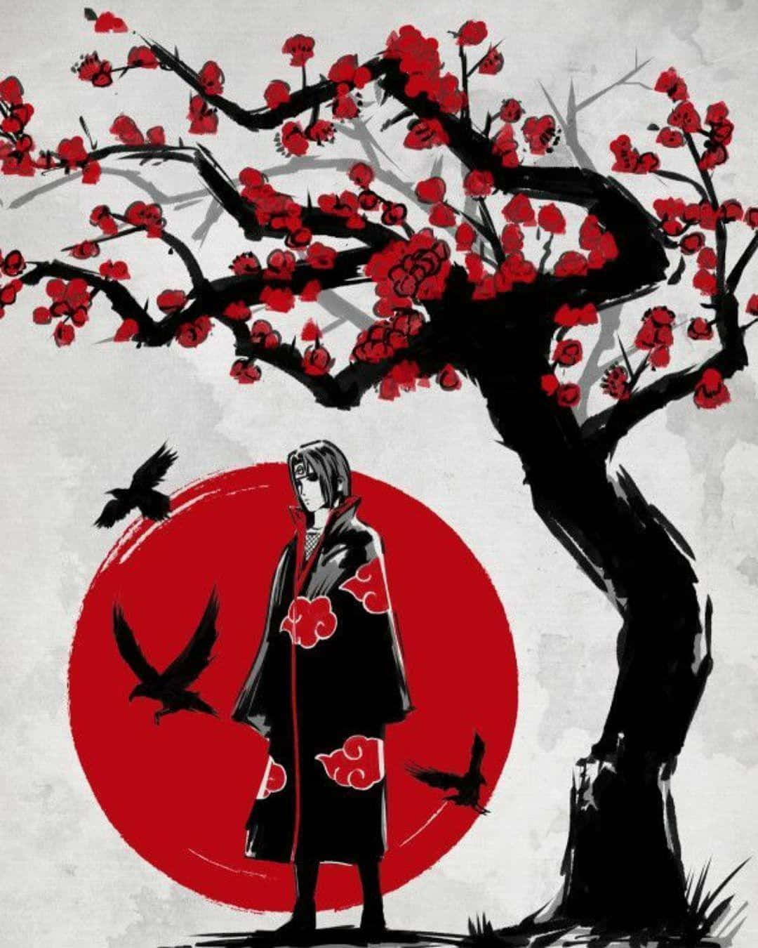 Genjutsu 桌布 壁紙 — 一個孤獨的動漫人物穿著紅色雲斗篷，站在一棵光禿禿的黑色櫻花樹下，背景是紅色的太陽和飛翔的烏鴉。
