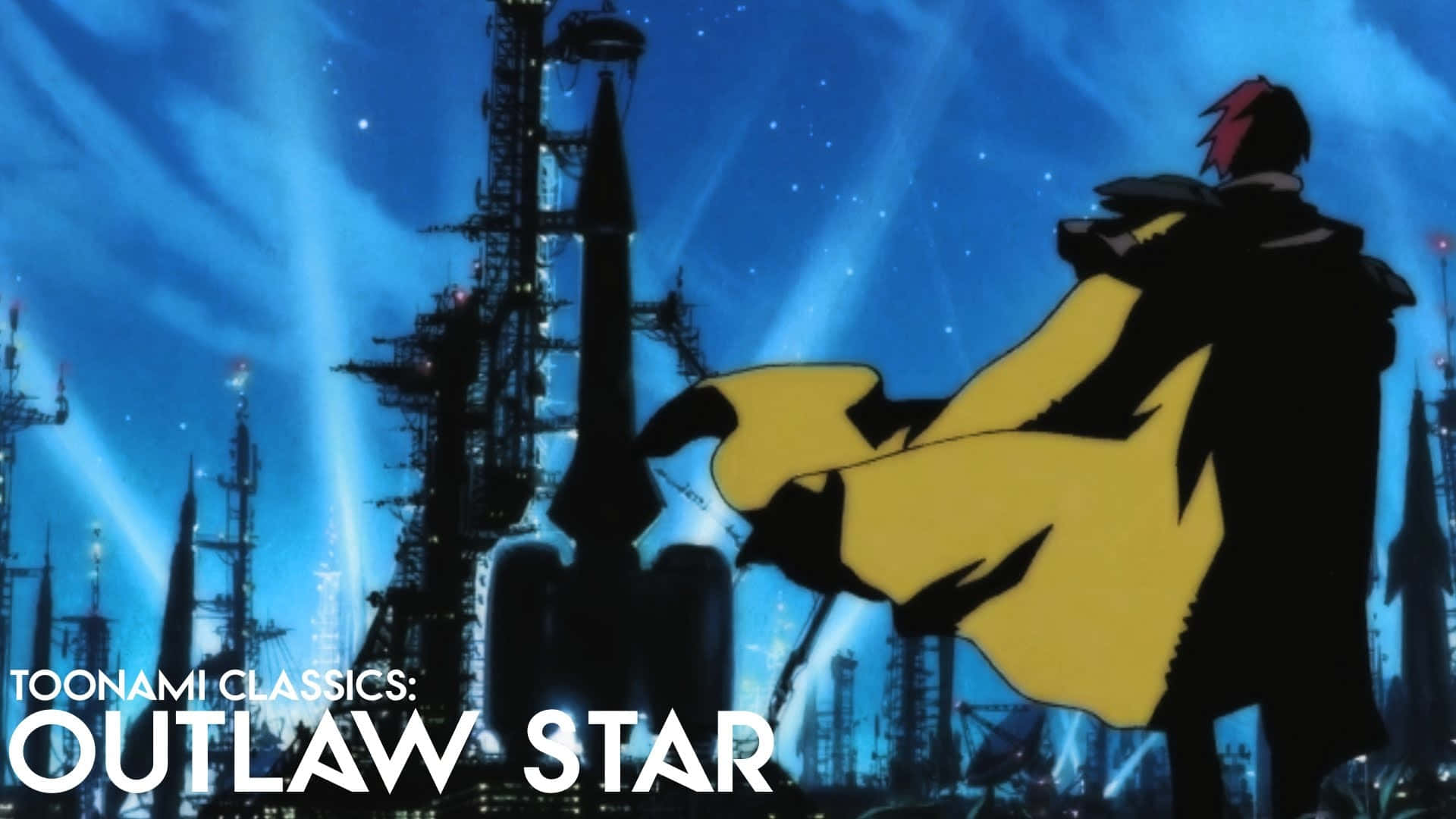 Outlaw Star 桌布 壁紙 — 一個孤獨的動漫人物穿著黃色外套，站在繁星點點的藍色夜空下，身後是高聳的工業建築。
