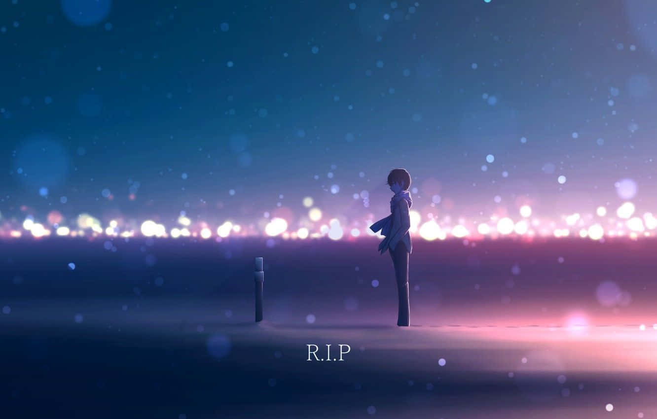 Rip 桌布 壁紙 — 一個孤獨的動漫人物站在墓碑旁，暮色天空充滿了發光的散景燈光和漂浮的粒子。