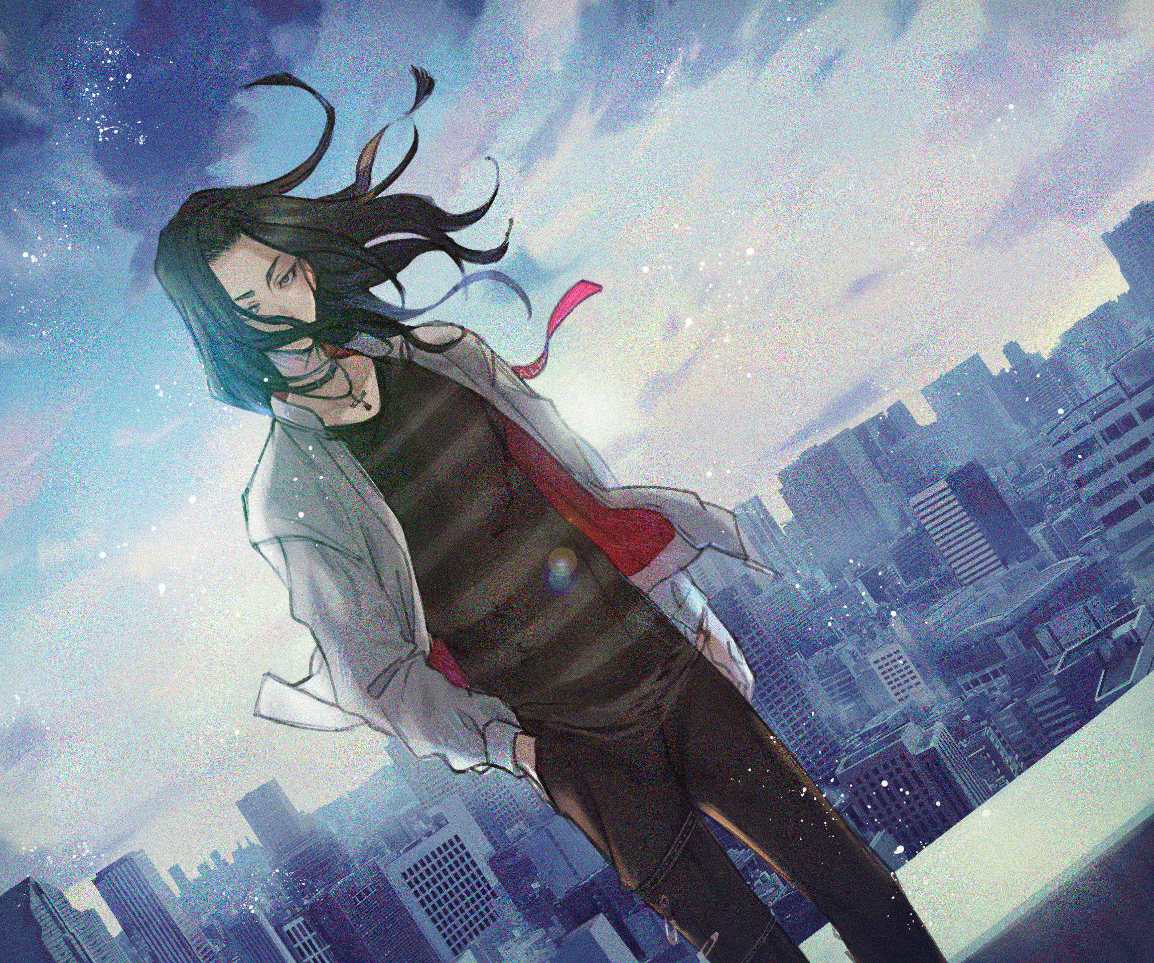 動漫男孩 桌布 壁紙 — 一個孤獨的動漫女孩，長著飄逸的黑髮，站在星空暮色下的城市天際線上。
