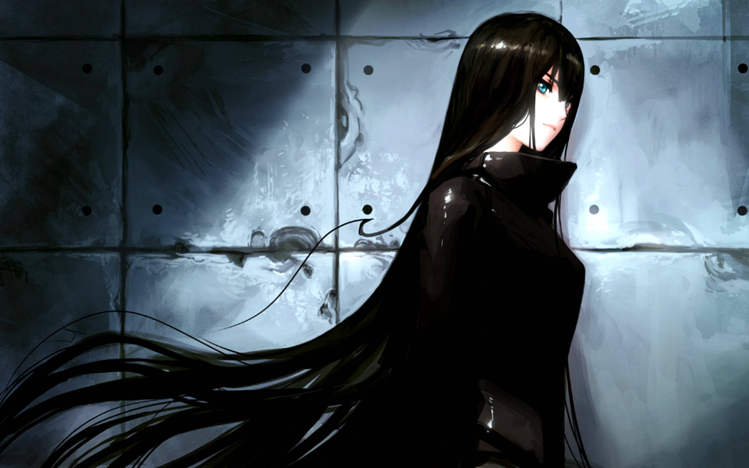 Goth 桌布 壁紙 — 一個孤獨的動漫女孩，長長的黑髮和發光的藍色眼睛，站在陰影中，背景是裂開的混凝土牆。