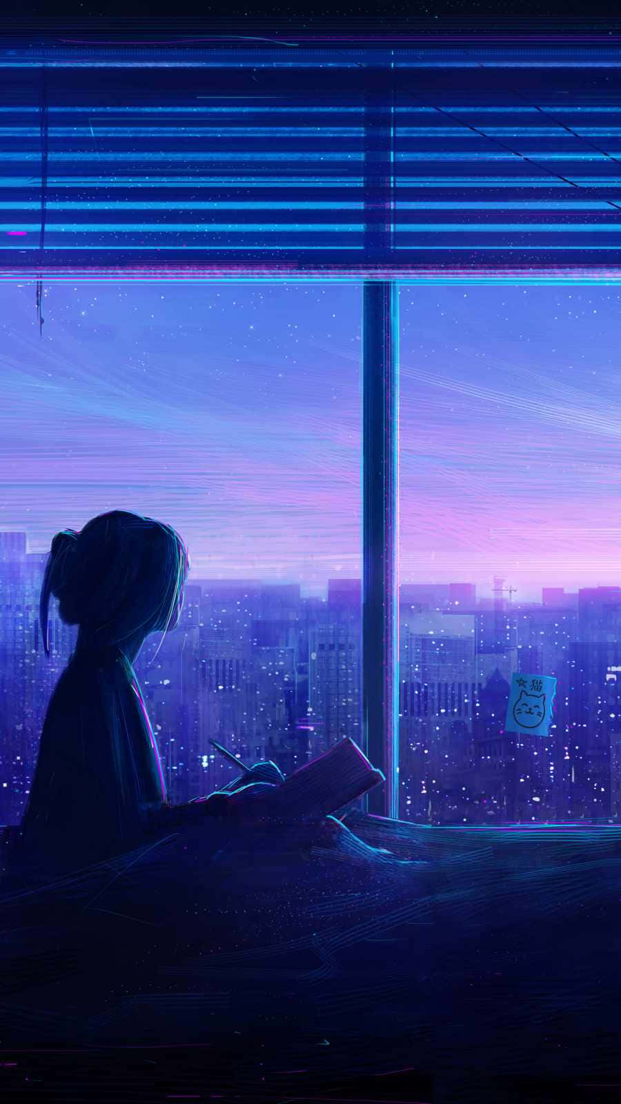 閱讀 桌布 壁紙 — 一個孤獨的動漫女孩在黃昏時坐在窗邊素描，下方霓虹城市燈光在繁星點點的紫色天空下閃爍。