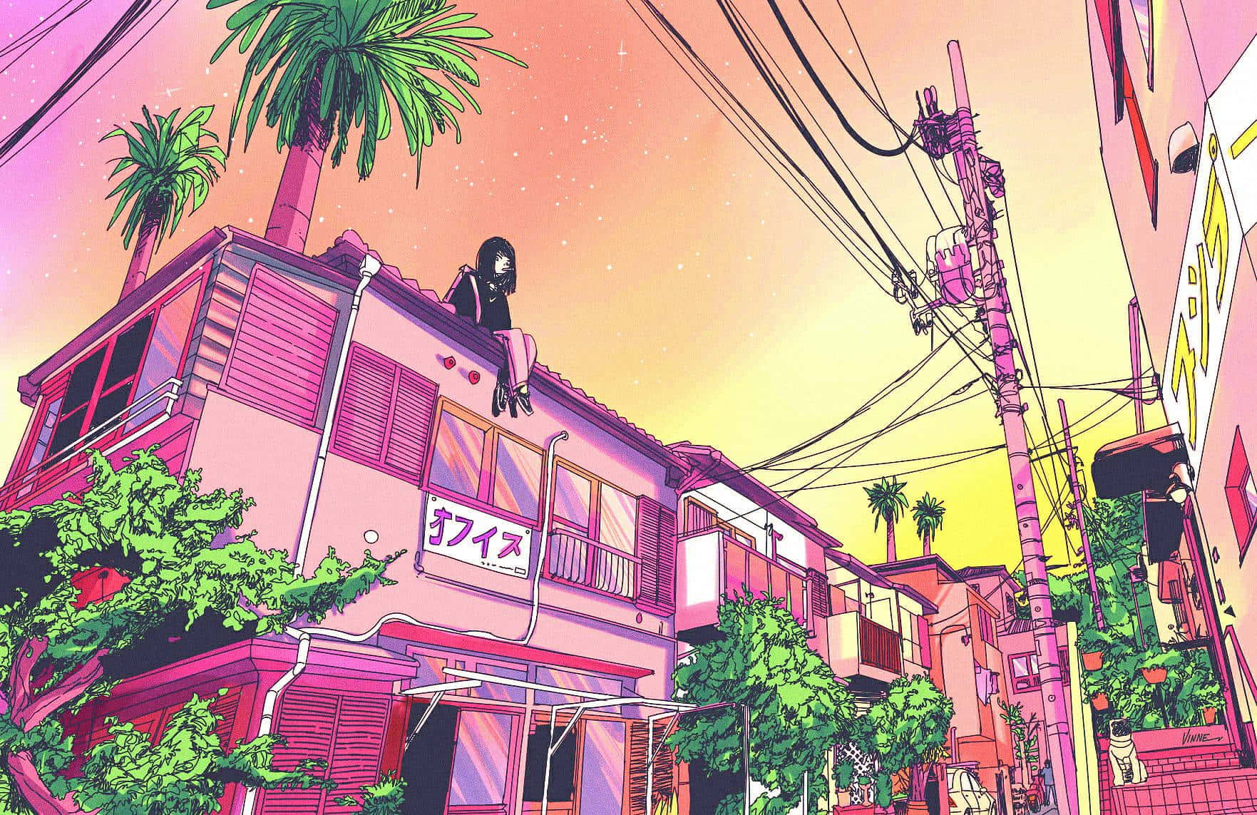 紫色動漫 桌布 壁紙 — 一個孤獨的動漫女孩坐在一棟粉紅色建築物的頂部，身處一條充滿霓虹燈的熱帶街道，上方是繁星點點的日落天空。