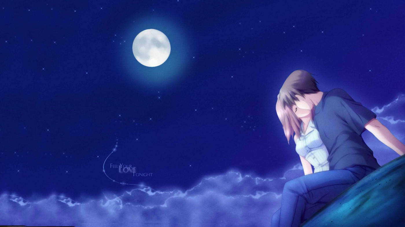 夜空 桌布 壁紙 — 一個孤獨的動漫女孩坐在懸崖頂上，在明亮的滿月下，周圍環繞著星星和發光的雲彩。